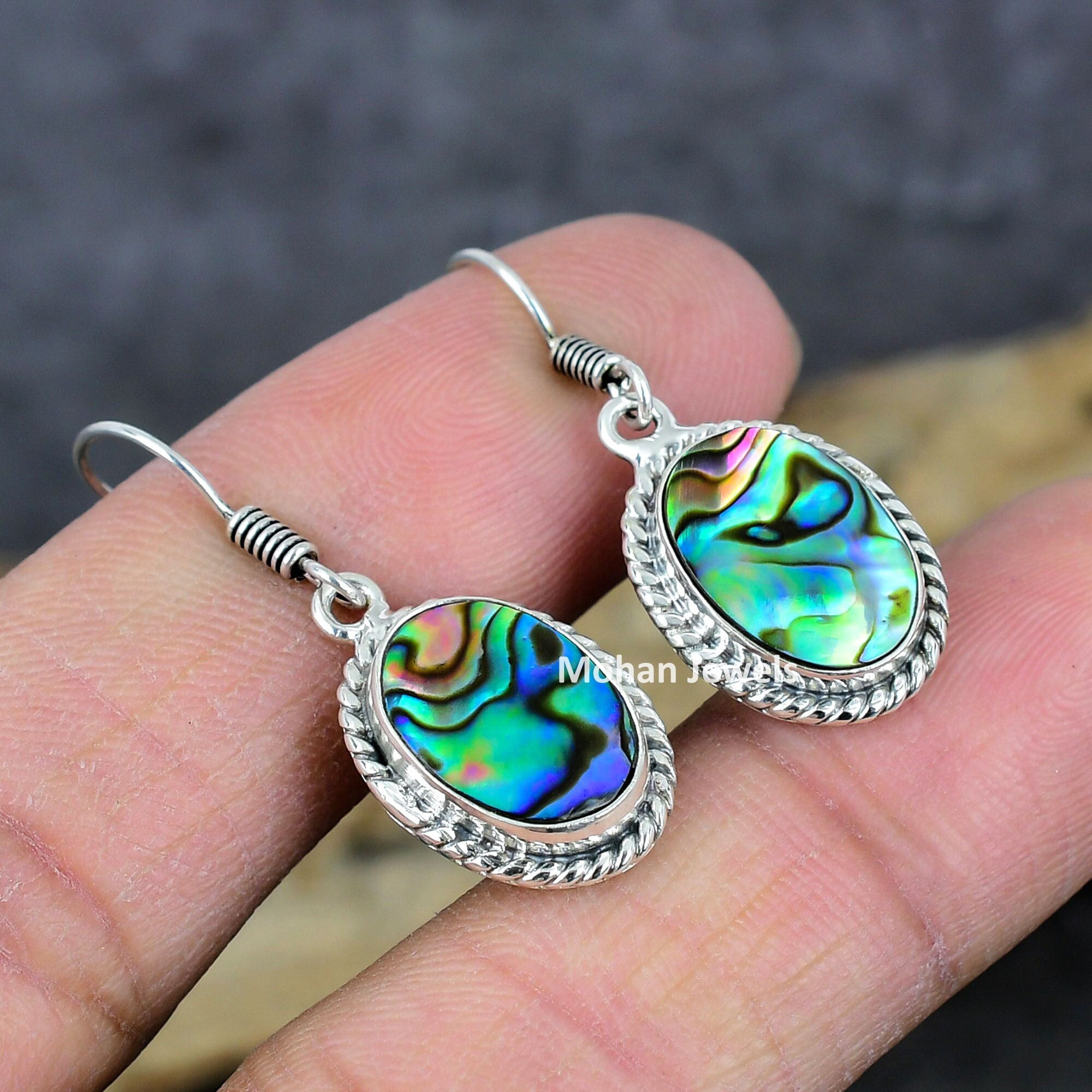 Abalone Shell Oval Gemstone Silver Plated Handmade Dangle Earrings Vintage Jewelry, Paua Shell Earrings, Women Elegant Jewelry