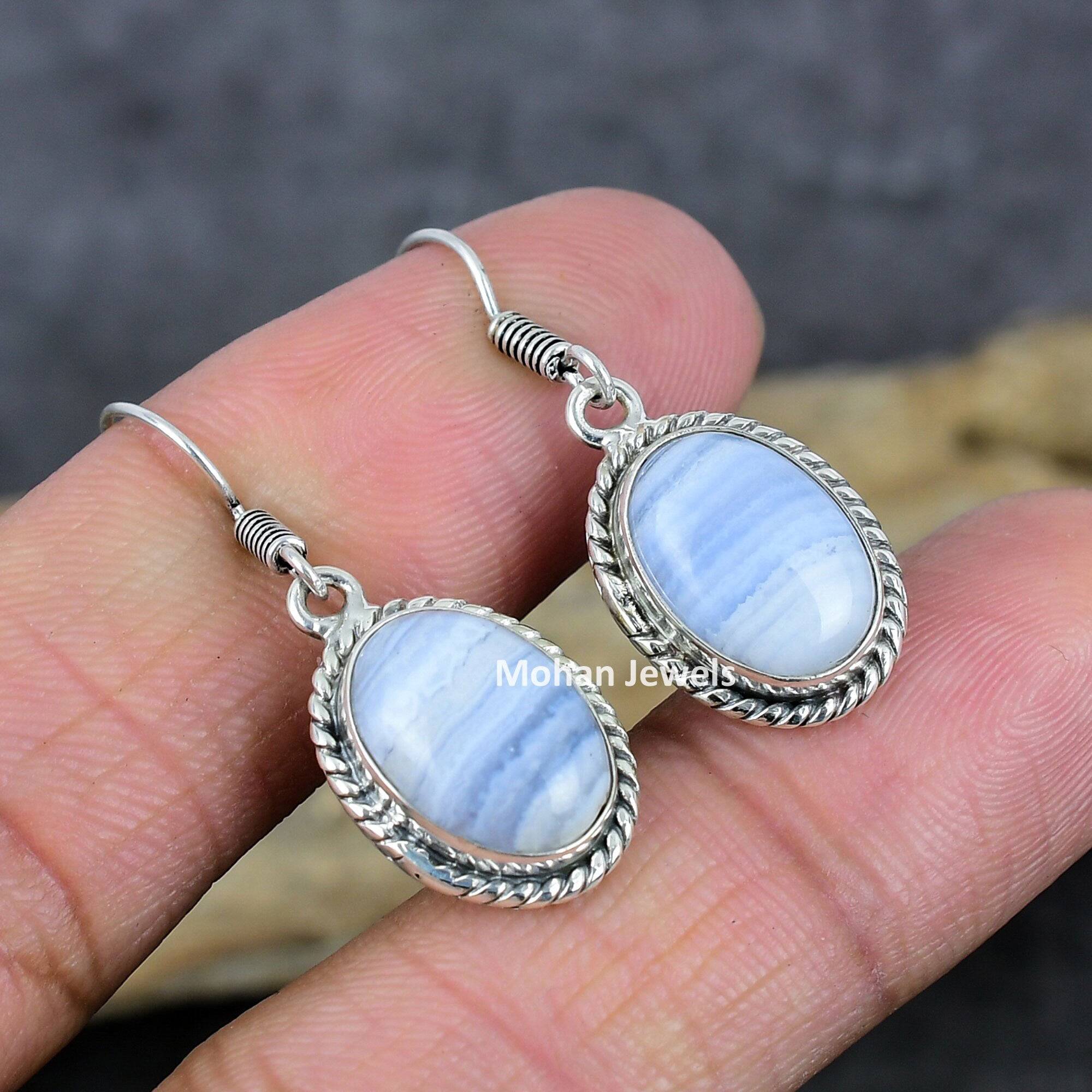 Blue Lace Agate Earrings, Dangle Earrings, Agate Silver Plated Gemstone Earring, Handmade Earrings, Dainty Earring, women gift