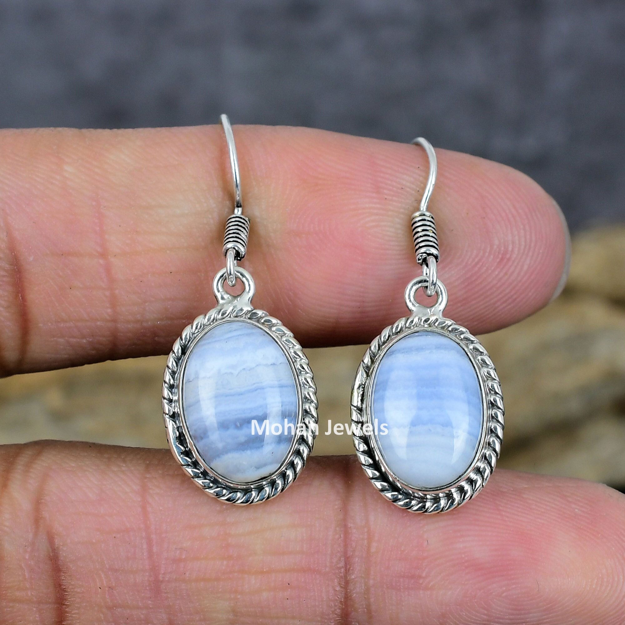 Blue Lace Agate Earrings, Dangle Earrings, Agate Silver Plated Gemstone Earring, Handmade Earrings, Dainty Earring, women gift