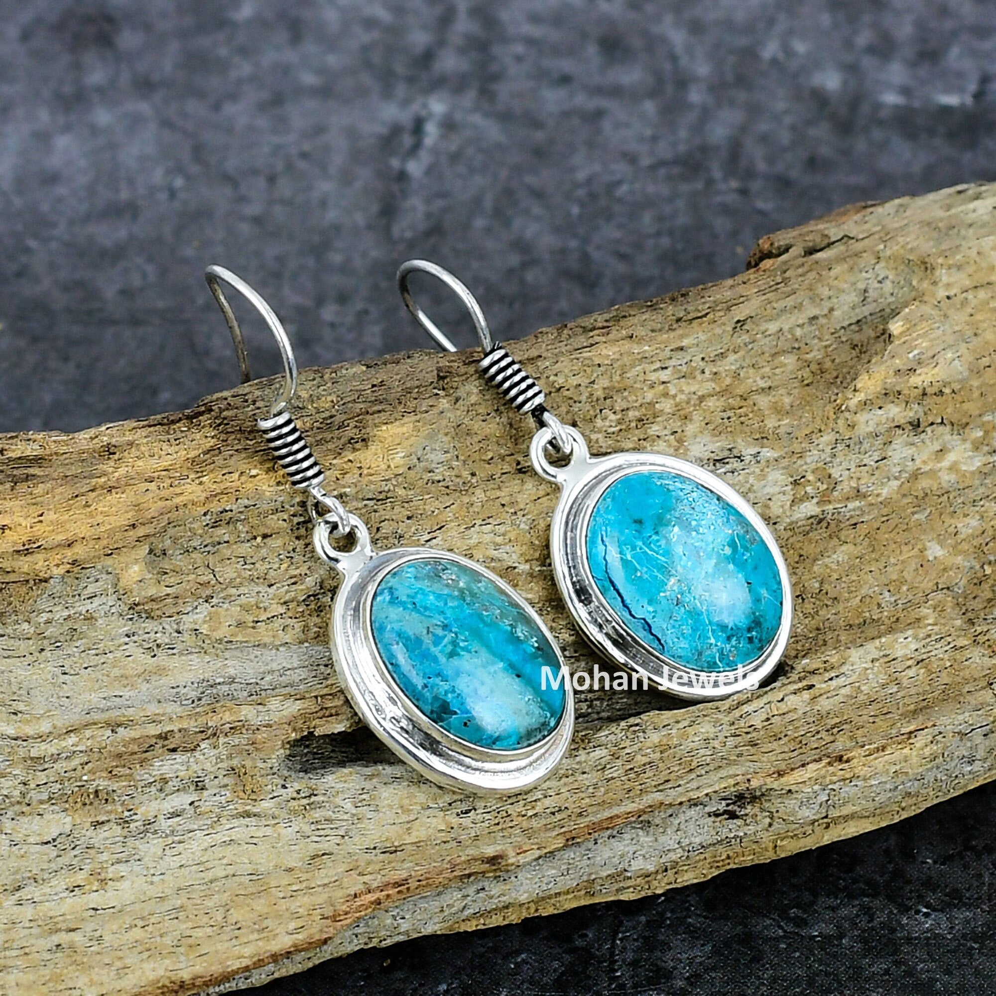 Chrysocolla Earrings, Chrysocolla Gemstone Silver Plated Handmade Dangle Earring Jewelry Gift for Girlfriend, Artisan Jewelry