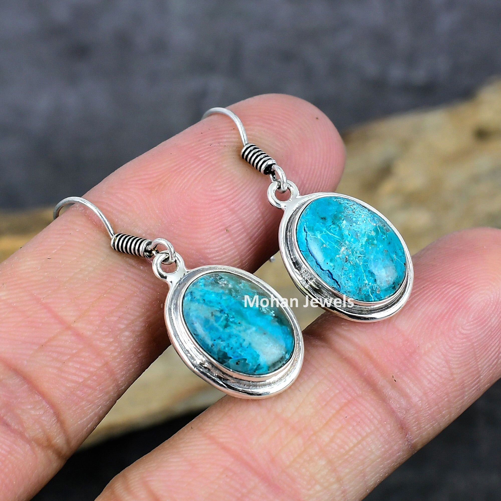 Chrysocolla Earrings, Chrysocolla Gemstone Silver Plated Handmade Dangle Earring Jewelry Gift for Girlfriend, Artisan Jewelry