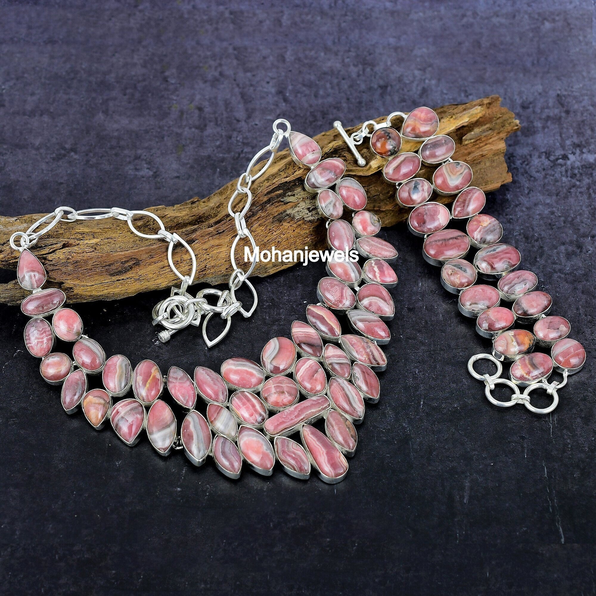 Rhodochrosite Necklace Bracelet Jewelry Set, Silver Bracelet, Natural Pink Rhodochrosite Healing Crystal Bohemian Jewelry, Wedding Gift