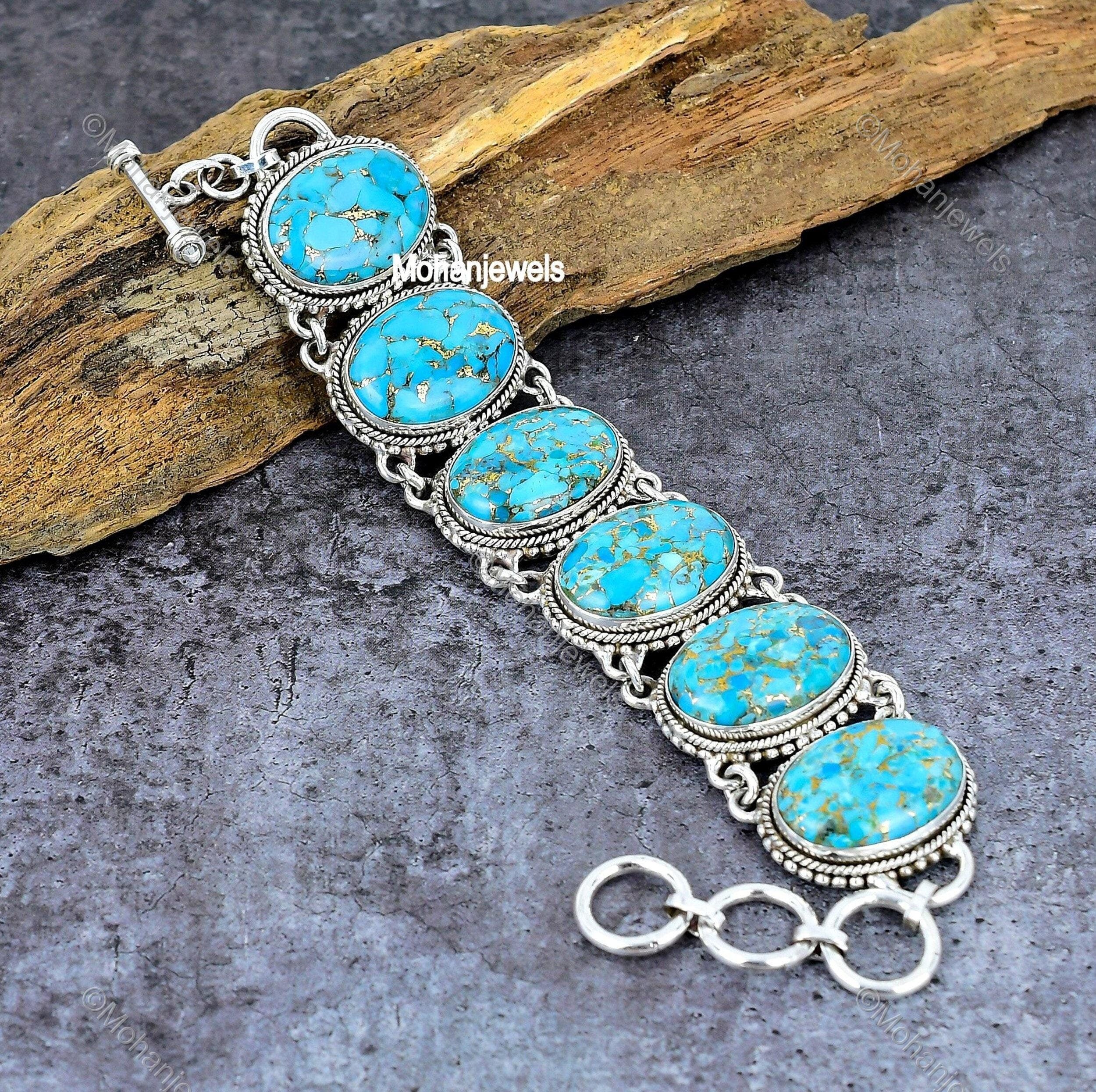 Blue Copper Turquoise Silver Plated Bracelet, Handmade Gemstone Jewelry, Statement Bracelet, Boho Bracelet, Chunky Bracelet, Bridesmaid Gift