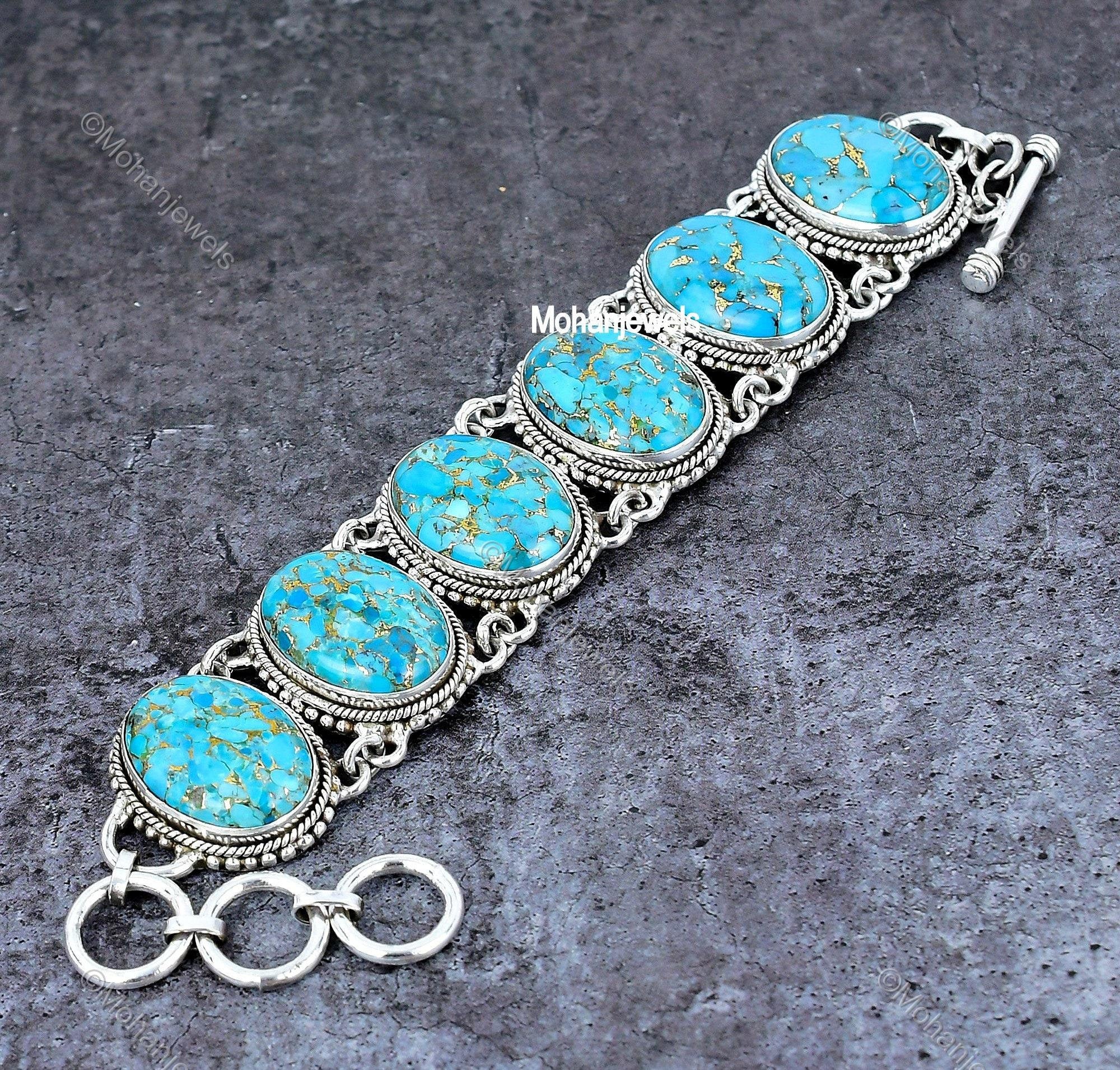 Blue Copper Turquoise Silver Plated Bracelet, Handmade Gemstone Jewelry, Statement Bracelet, Boho Bracelet, Chunky Bracelet, Bridesmaid Gift