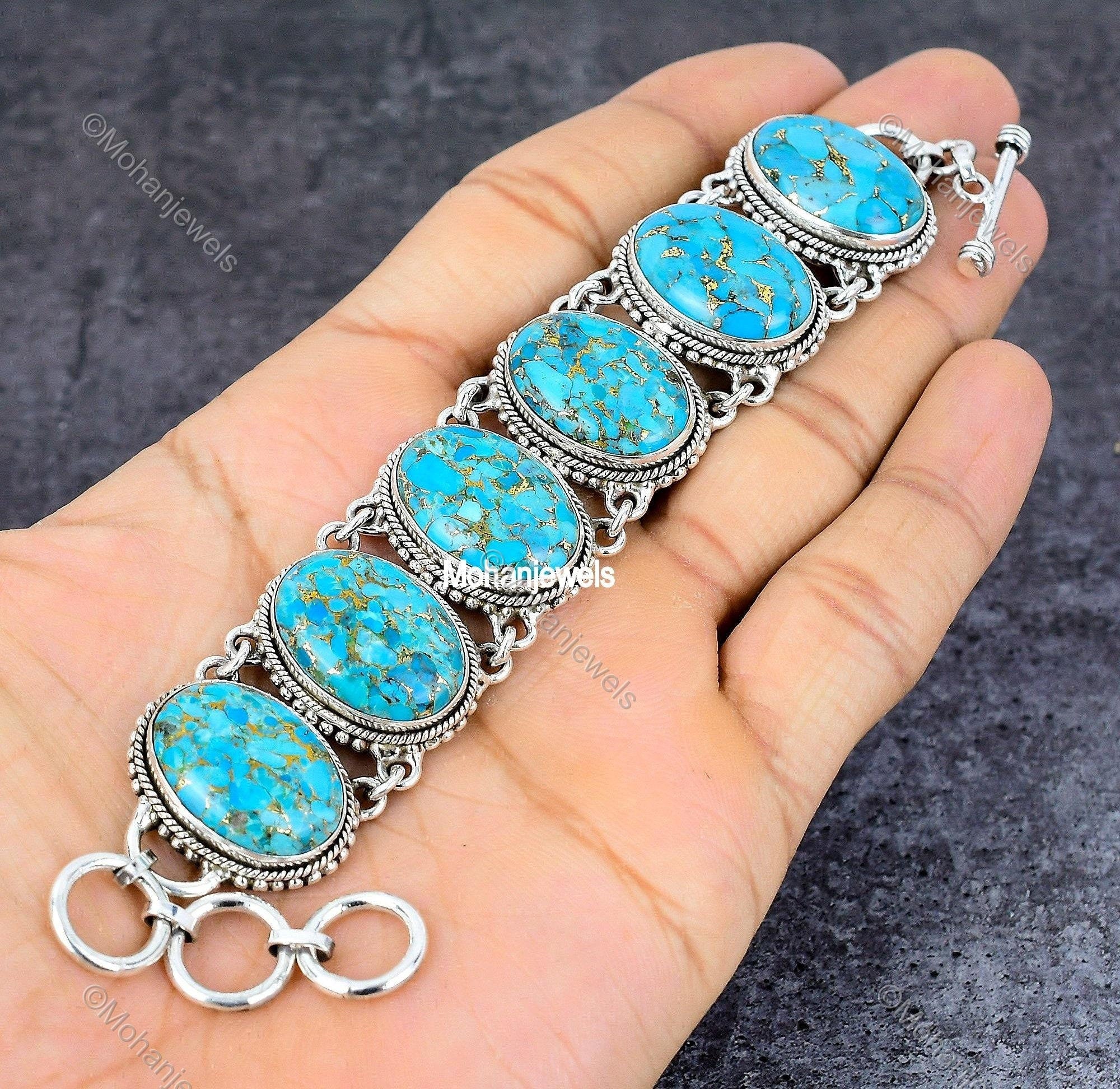 Blue Copper Turquoise Silver Plated Bracelet, Handmade Gemstone Jewelry, Statement Bracelet, Boho Bracelet, Chunky Bracelet, Bridesmaid Gift