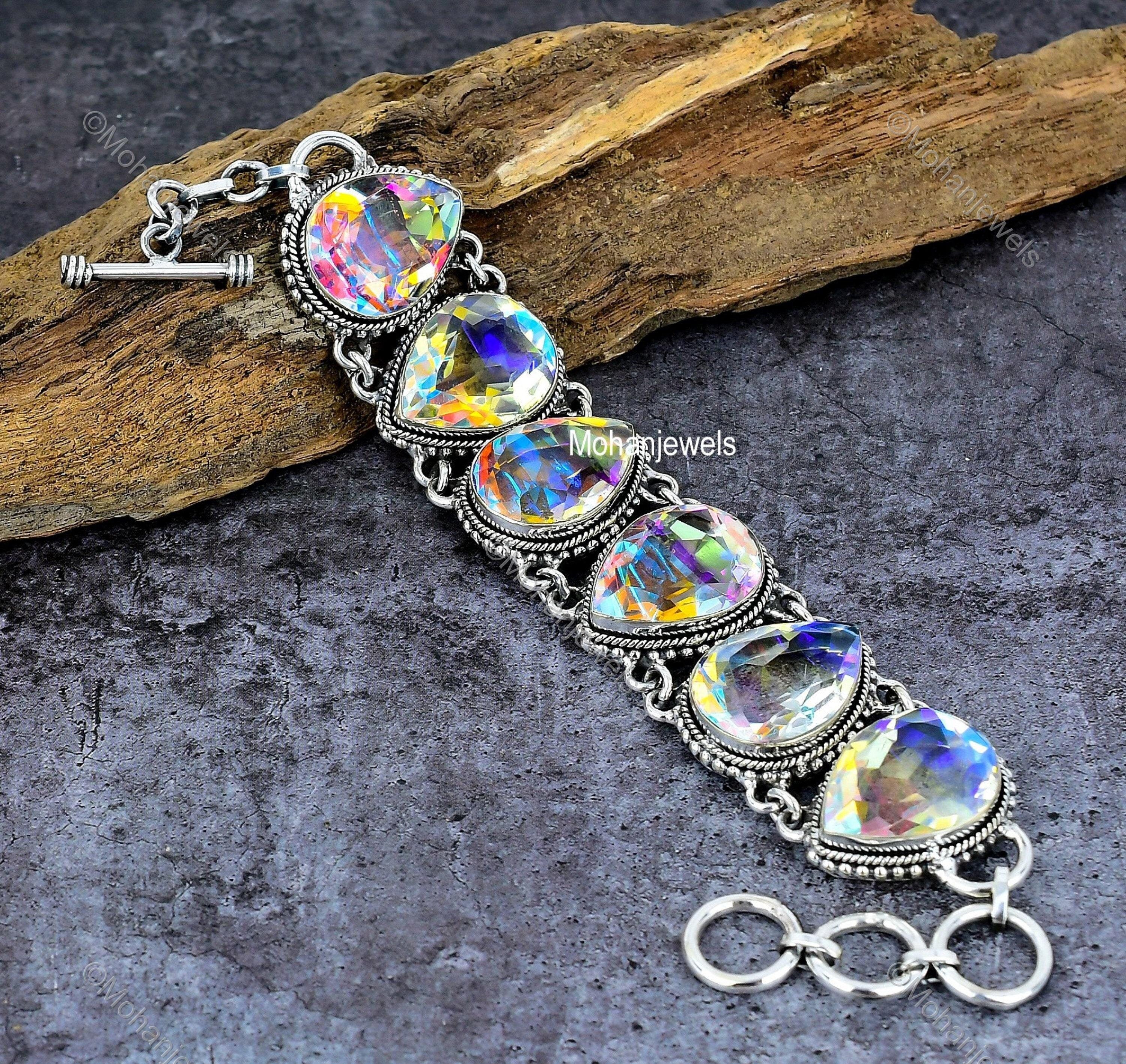 Aurora Mystic Topaz Bracelet, Rainbow Topaz Silver Plated Jewelry, Natural Angel Aura Quartz Bracelet, Unique Designer Jewelry, Gift For Her