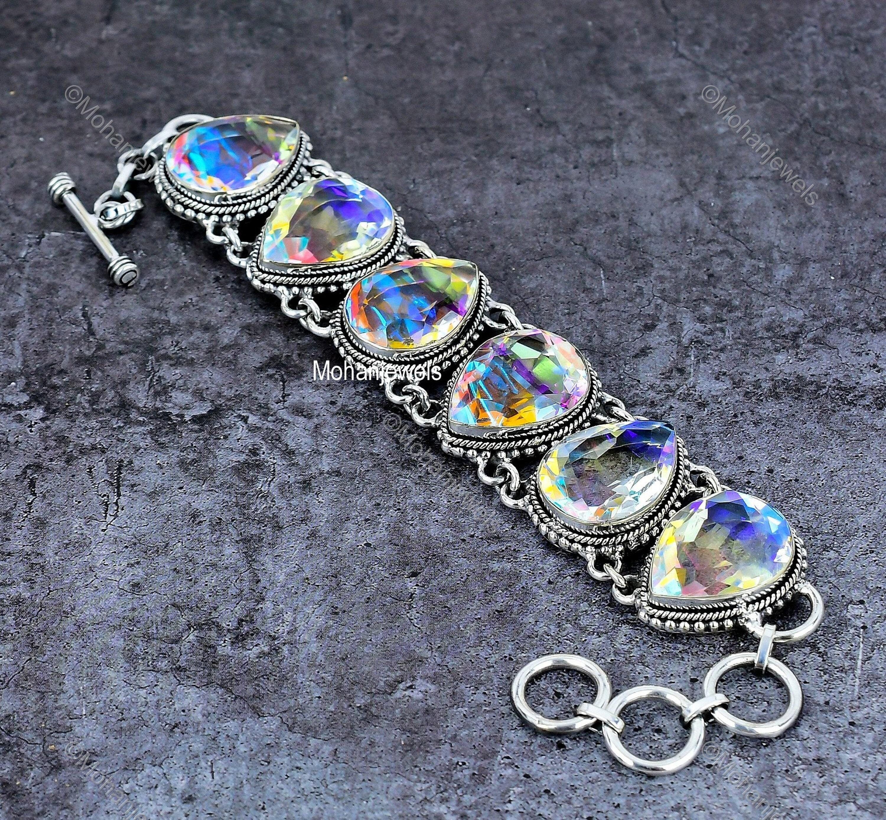 Aurora Mystic Topaz Bracelet, Rainbow Topaz Silver Plated Jewelry, Natural Angel Aura Quartz Bracelet, Unique Designer Jewelry, Gift For Her