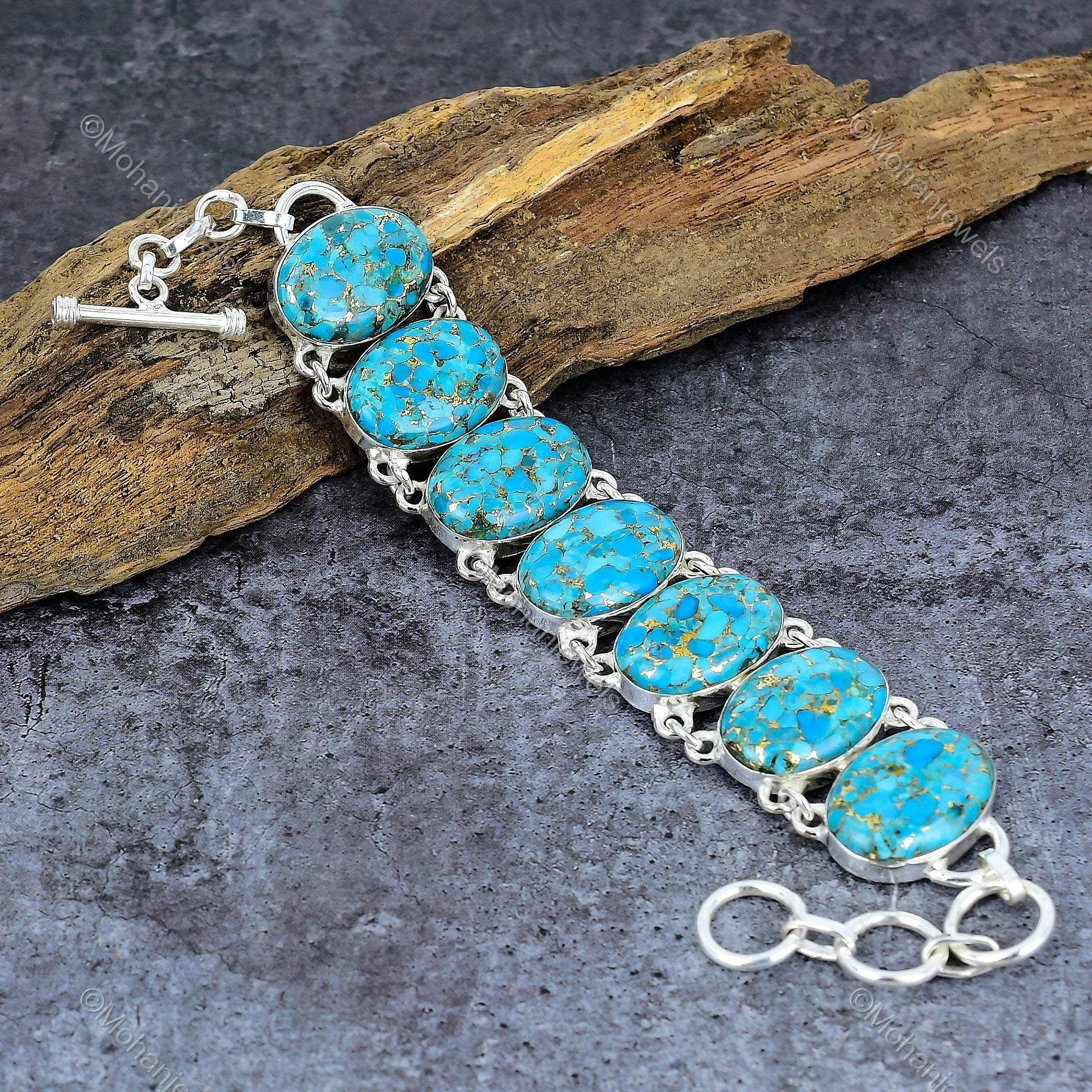 Blue Copper Turquoise Silver Plated Bracelet, Unique Designer Jewelry, Handmade Gemstone Bracelet, Statement Bracelet, Bridesmaid Gift