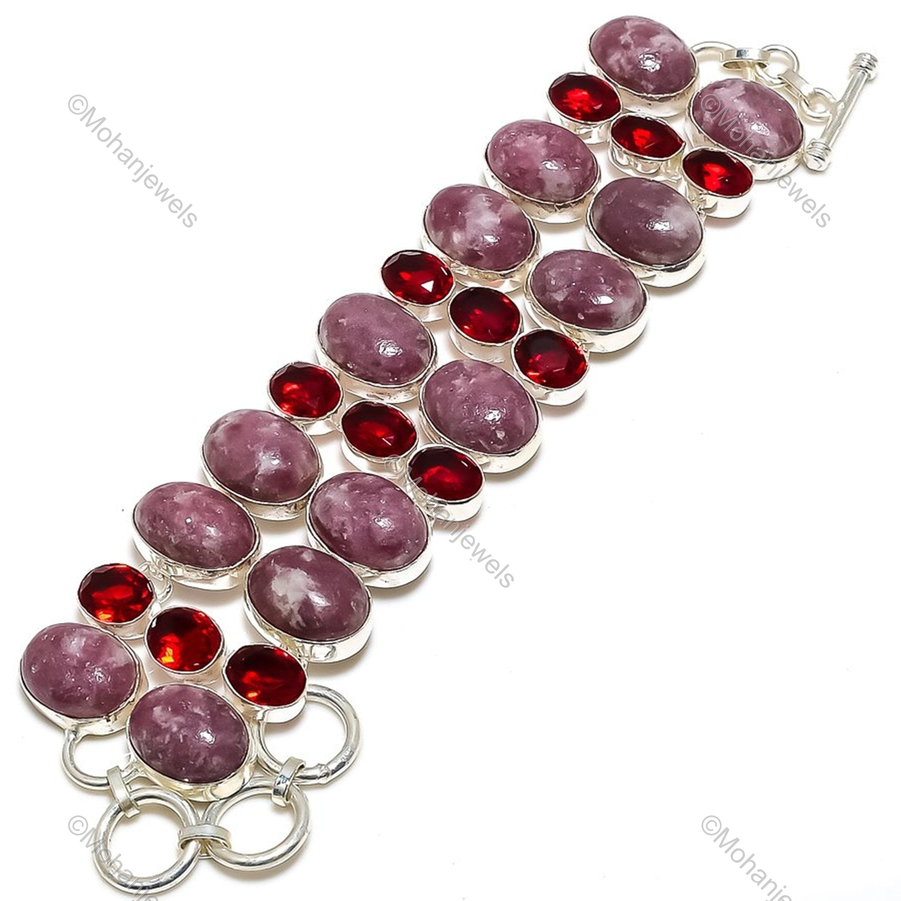 Lepidolite Bracelet, Lepidolite & Garnet Gemstone Bracelet, 925 Silver Plated Bracelet, Handcrafted Fashion Jewelry, Statement Bracelet Gift