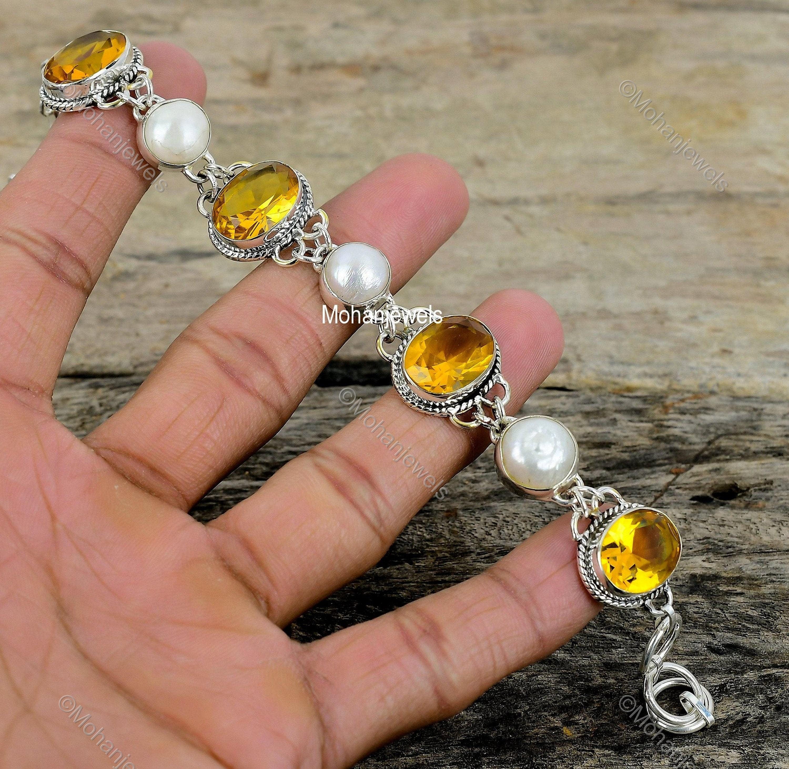 Citrine & White Pearl Silver Plated Bracelet - Handmade Gemstone Jewelry - Designer Bracelet - Statement Bracelet - Birthday Gift For Friend