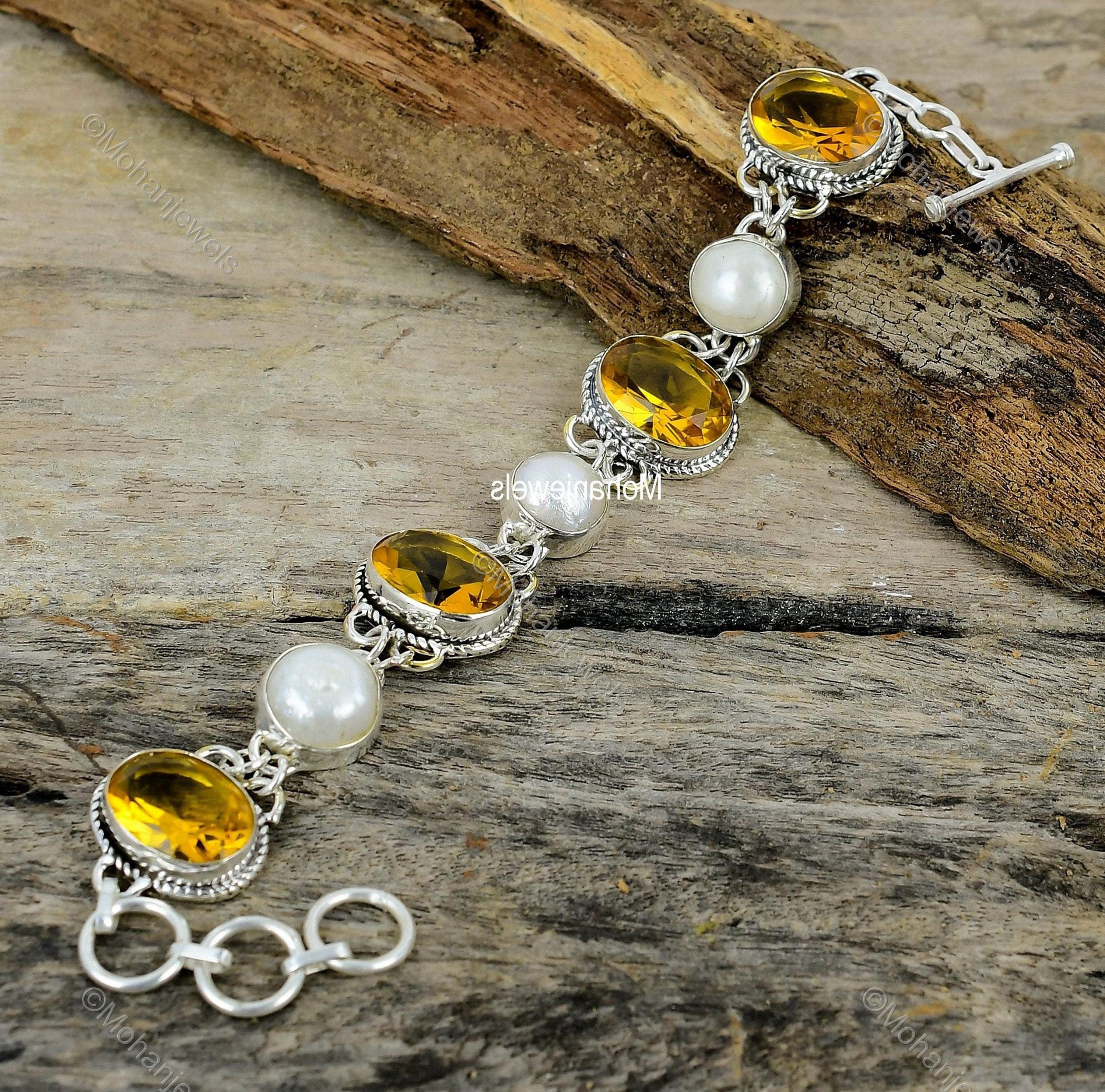 Citrine & White Pearl Silver Plated Bracelet - Handmade Gemstone Jewelry - Designer Bracelet - Statement Bracelet - Birthday Gift For Friend