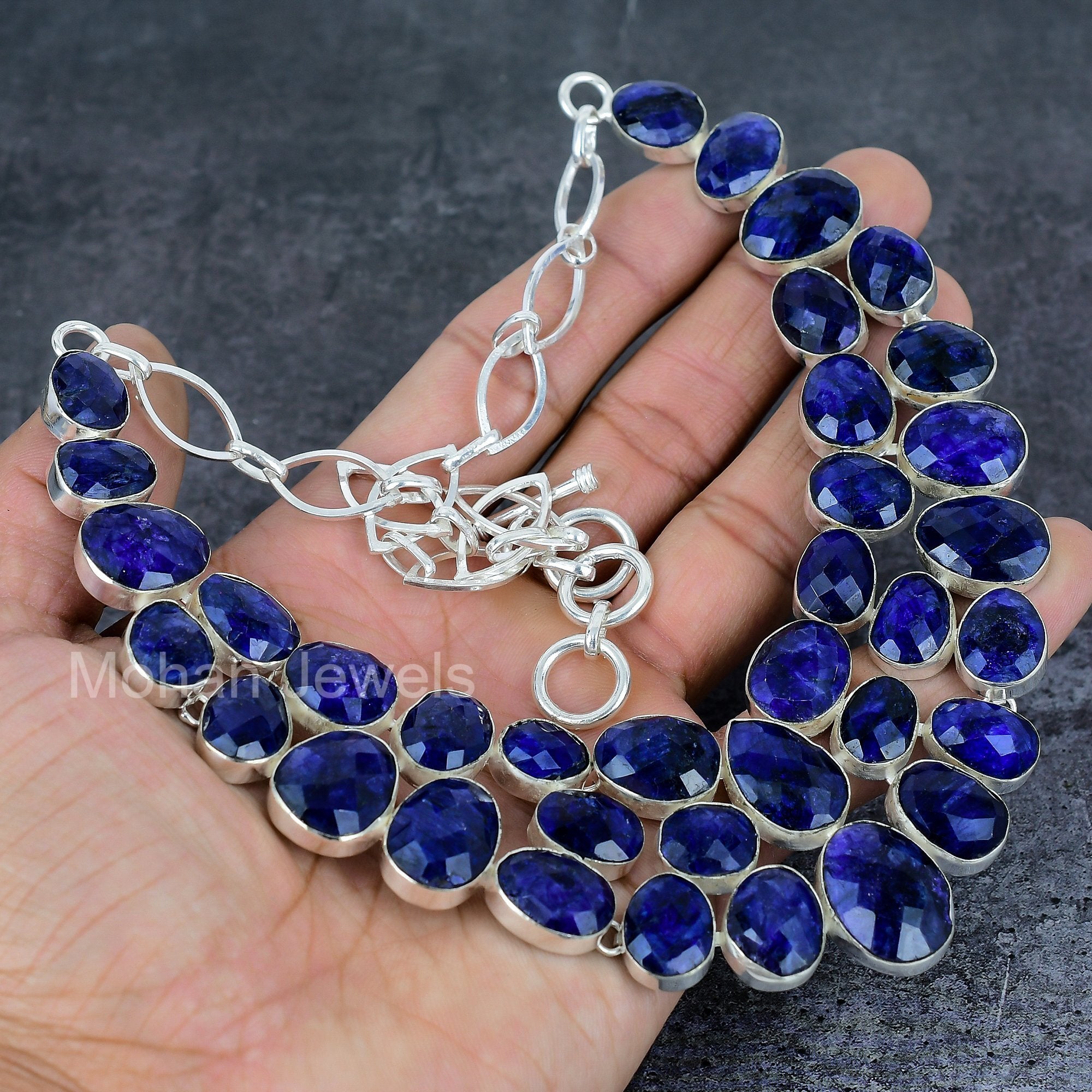 Blue Sapphire Necklace, Silver Plated Gemstone Necklace, Faceted Blue Sapphire Adjustable Chain Necklace, Birthstone Jewelry