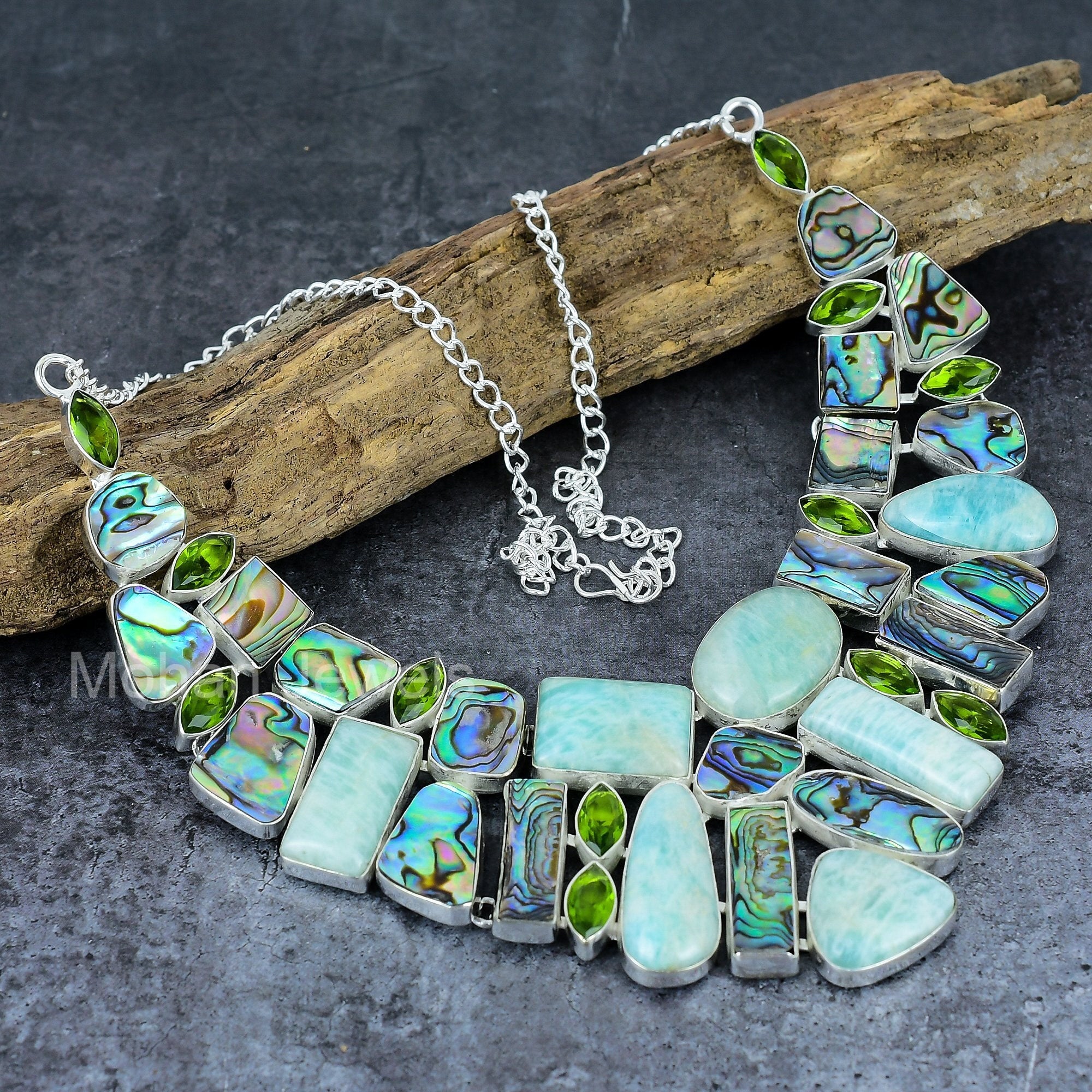 Blue Amazonite Abalone Shell & Peridot Gemstone Silver Necklace, Handmade Silver Vintage Necklace, Healing Crystal Boho Jewelry for Women