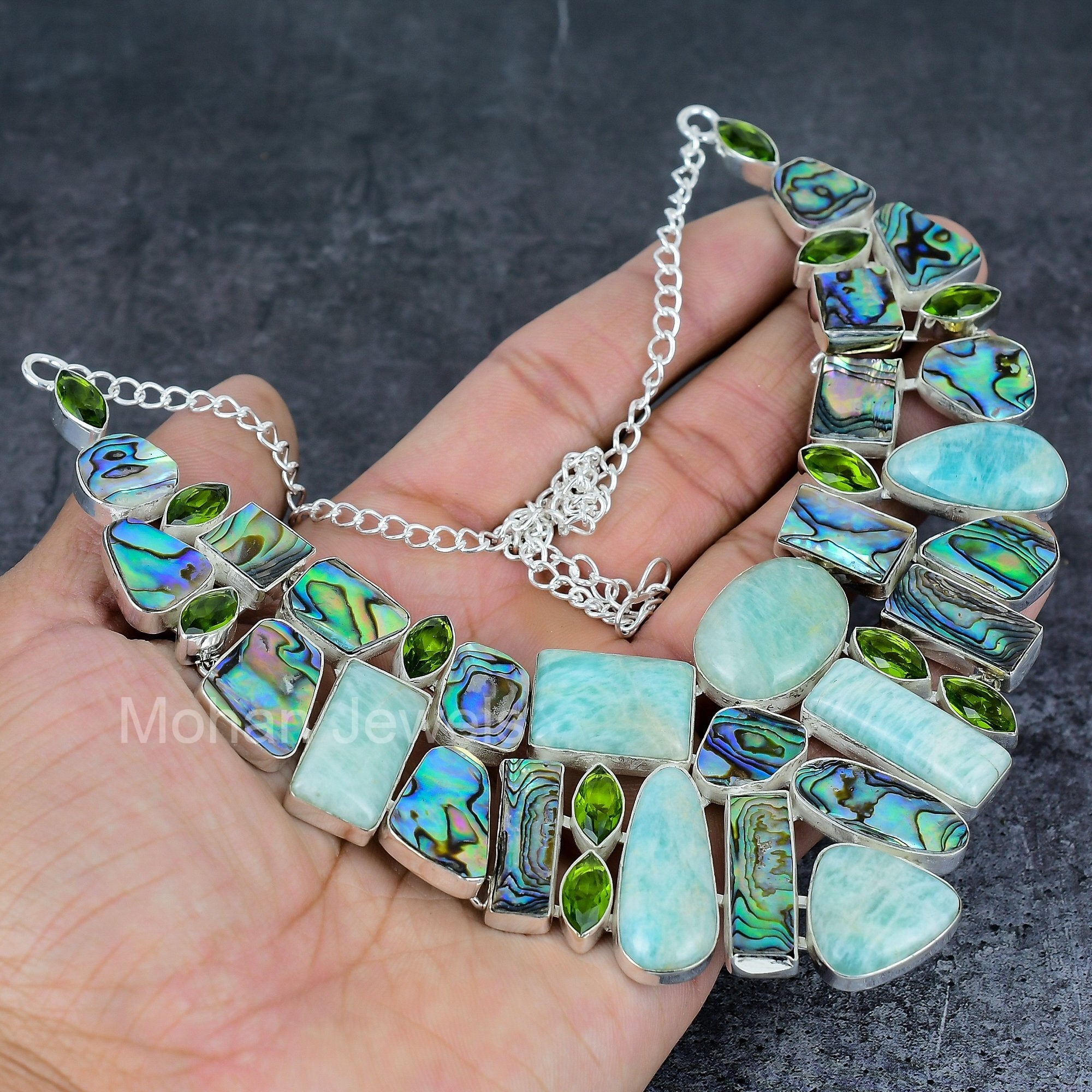 Blue Amazonite Abalone Shell & Peridot Gemstone Silver Necklace, Handmade Silver Vintage Necklace, Healing Crystal Boho Jewelry for Women