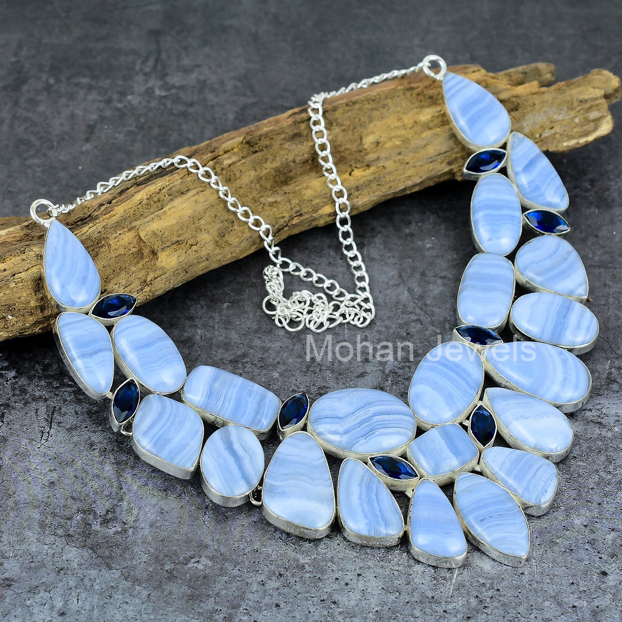 Agate Necklace, Handmade Silver Blue Lace Agate Cabochon Jewelry, Gemstone Silver Necklace, Mother day Gift, Spiritual Jewelry,