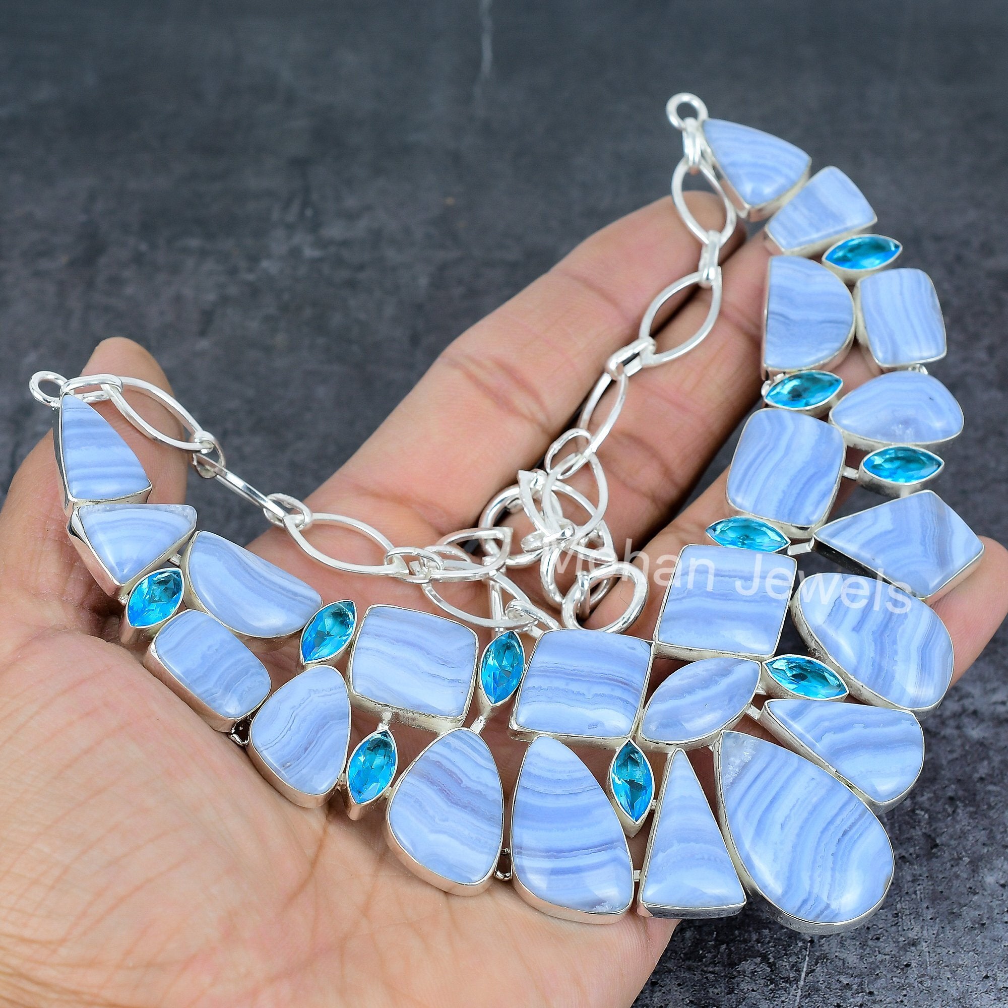 Blue Lace Agate Gemstone Silver Necklace, Agate Cabochon Antique Jewelry, Blue Topaz Necklace for Women, Mother day gift