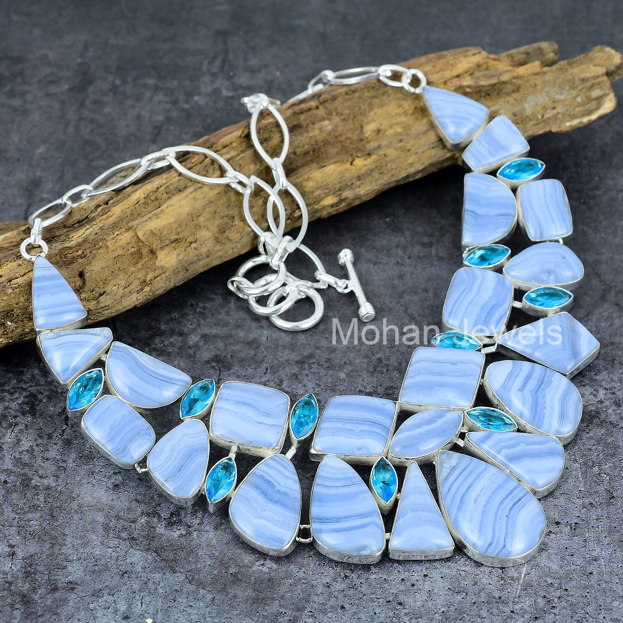 Blue Lace Agate Gemstone Silver Necklace, Agate Cabochon Antique Jewelry, Blue Topaz Necklace for Women, Mother day gift