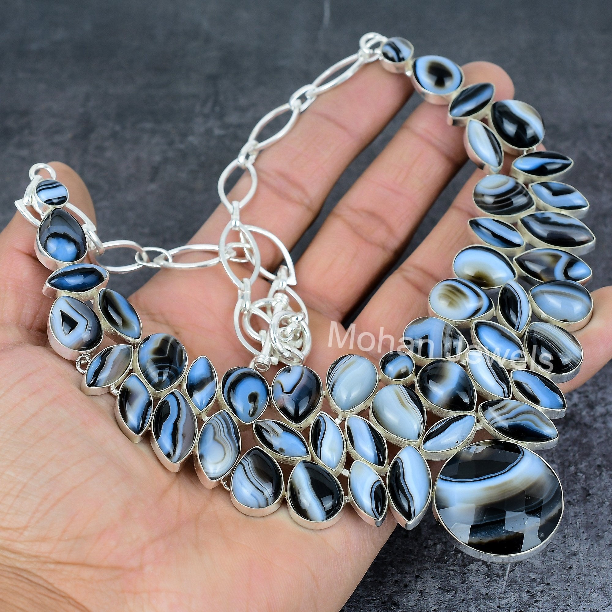 Agate Necklace, Handmade Silver Faceted Botswana Lace Agate Cabochon Jewelry, Gemstone Silver Necklace, Mother day Gift, Spiritual Jewelry