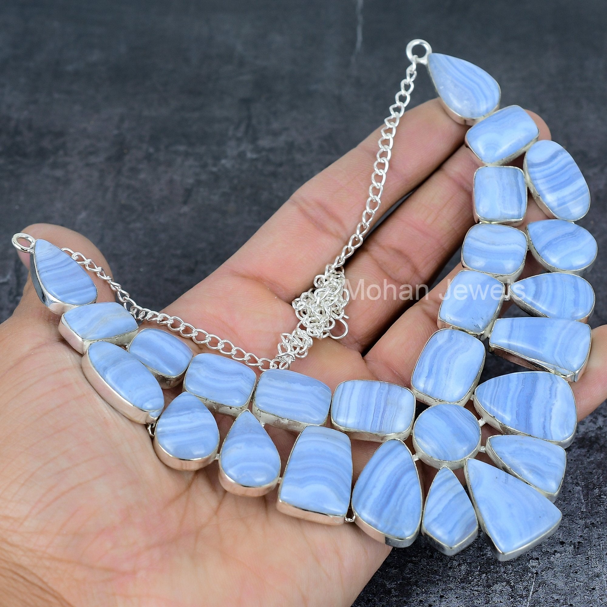 Blue Lace Agate Gemstone Silver Necklace, Agate Cabochon Vintage Jewelry, Necklace for Women, Statement Jewelry, Engagement Gift for Her