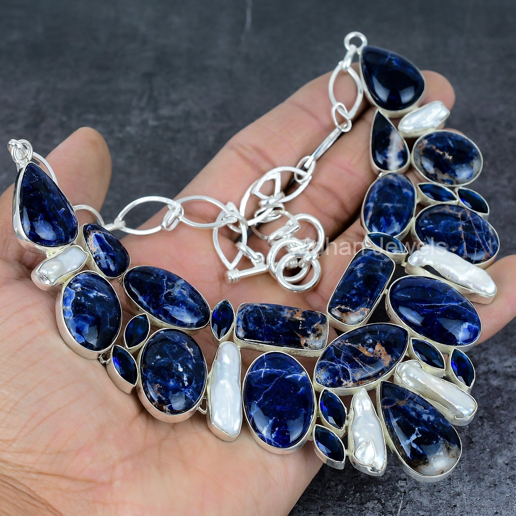 Blue Sodalite Gemstone Silver Necklace, Handmade Biwa Pearl & Blue Sapphire Antique Jewelry, Multi Stone Jewelry for Women