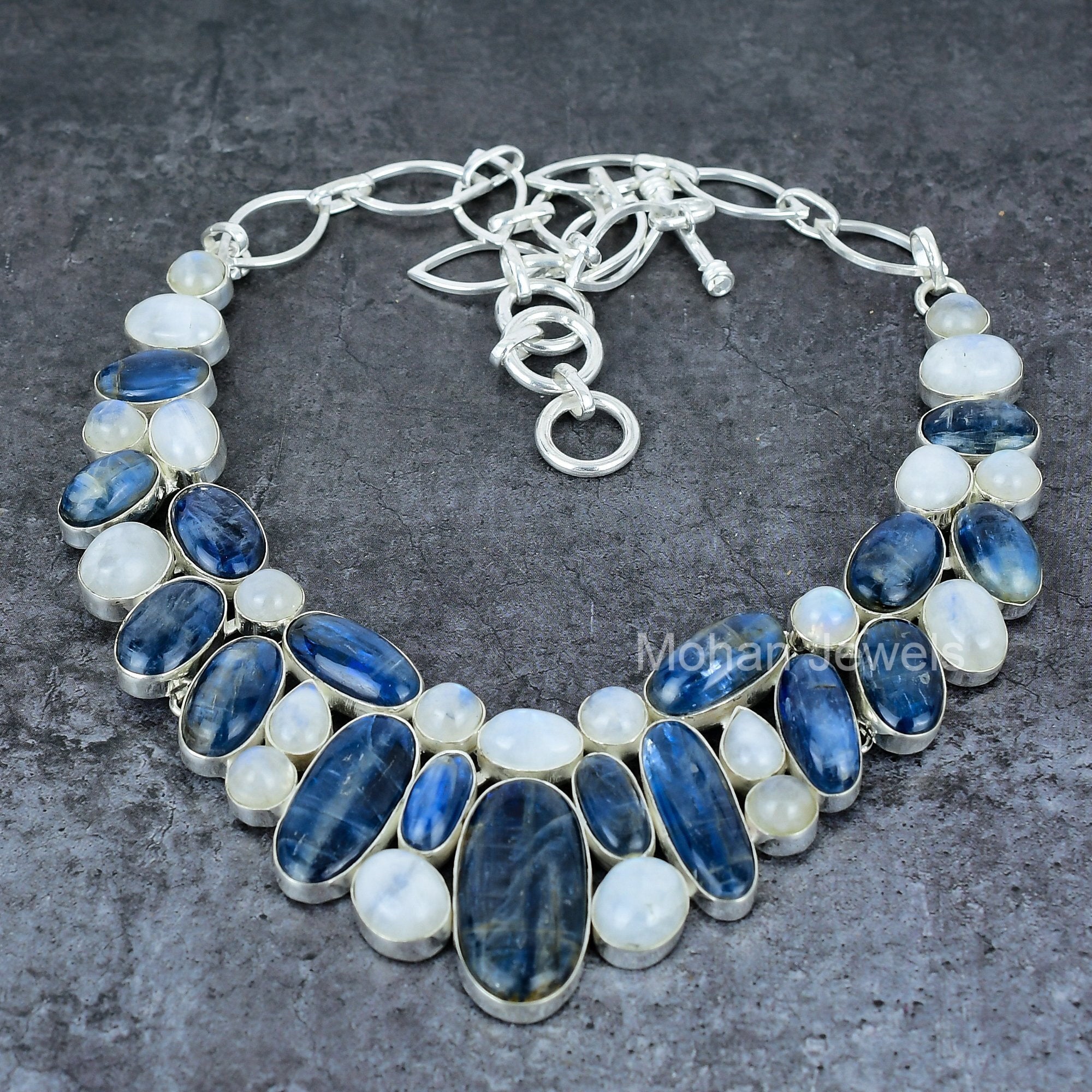 Blue Kyanite and Rainbow Moonstone Gemstone Necklace, Kyanite Bib Necklace, Silver Plated Jewelry, Healing Crystal Jewelry, Anniversary Gift