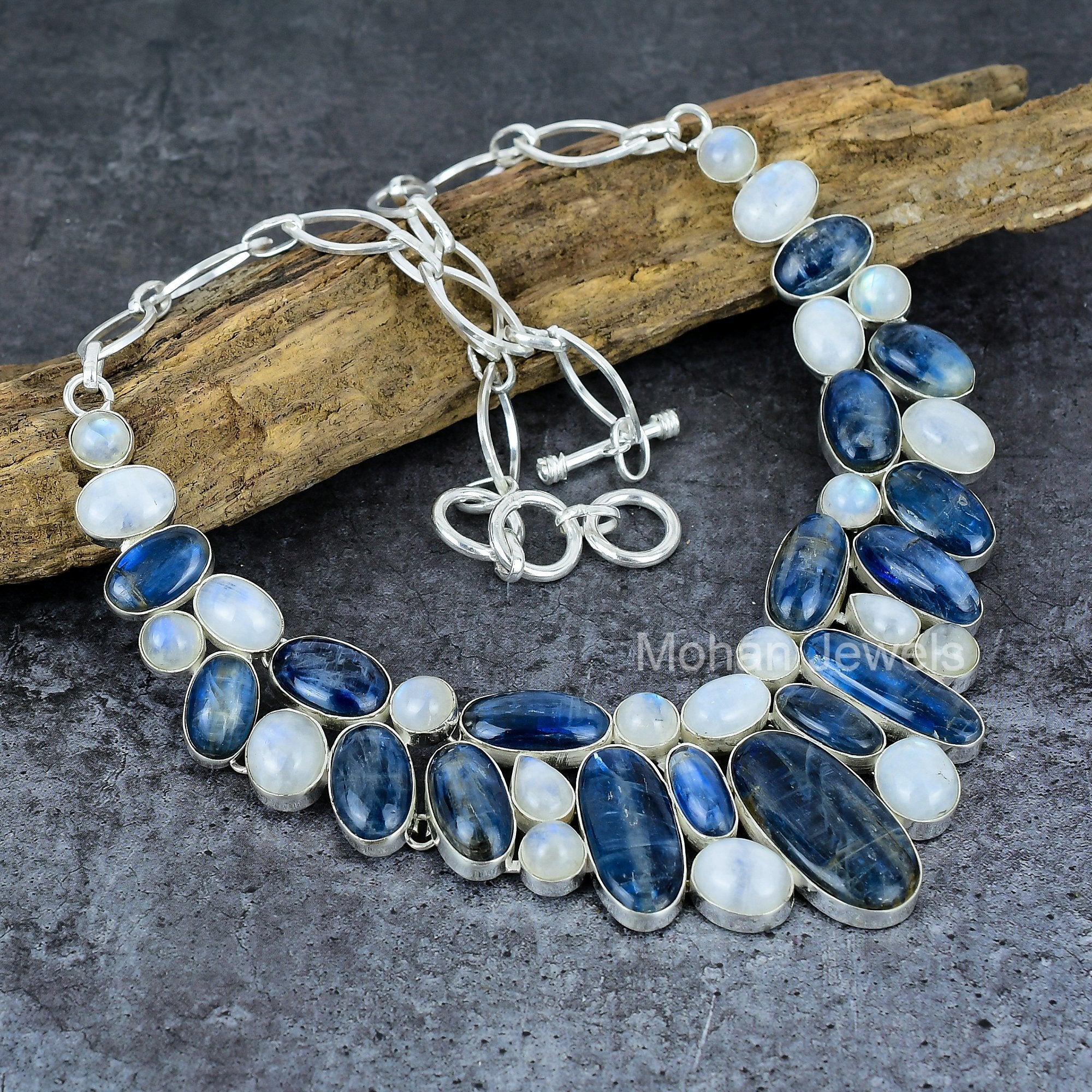 Blue Kyanite and Rainbow Moonstone Gemstone Necklace, Kyanite Bib Necklace, Silver Plated Jewelry, Healing Crystal Jewelry, Anniversary Gift