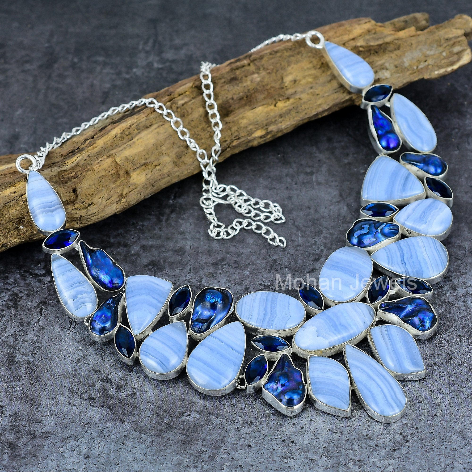 Blue Lace Agate Necklace, Silver Plated Necklace, Gemstone Necklace, Blue Lace Agate Vintage Necklace, Titanium Pearl Jewelry