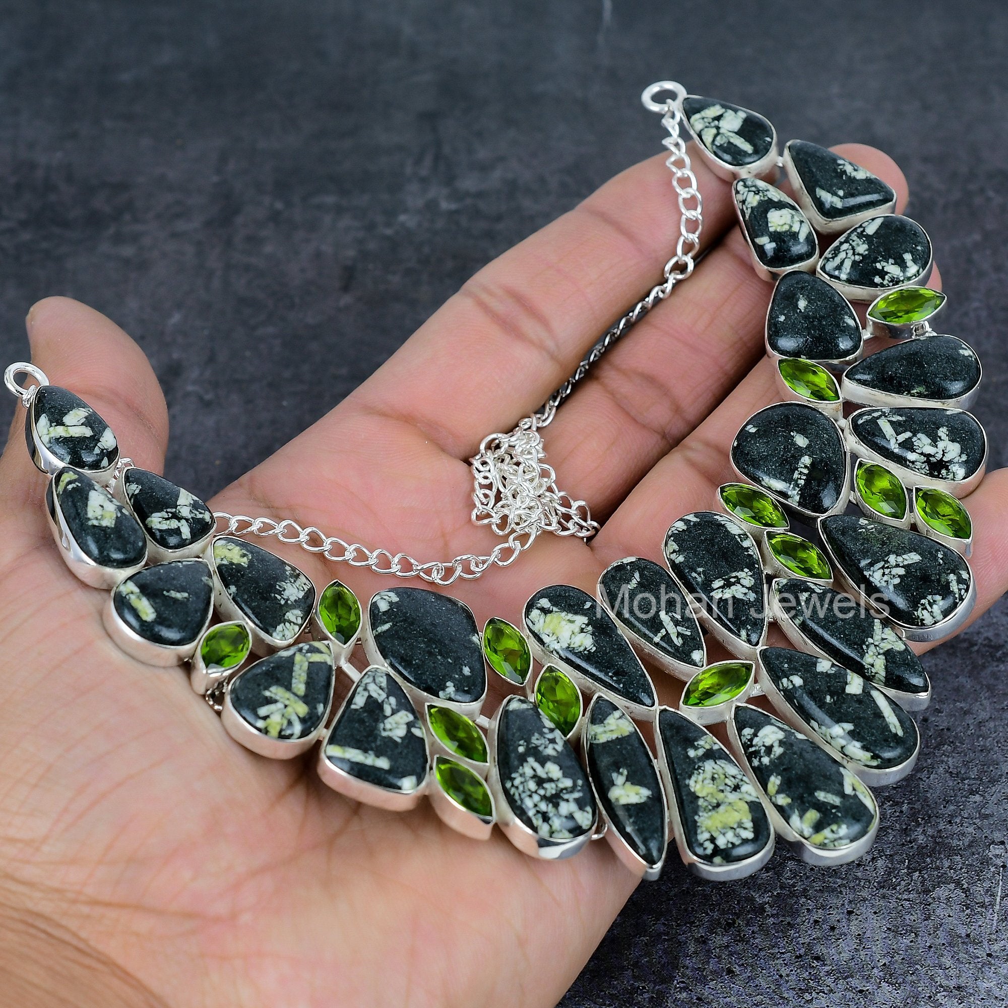 Chinese Writing Gemstone Necklace, Chinese Writing Bib Necklace, Silver Plated Jewelry, Emotional Healing Jewelry, Peridot Necklace