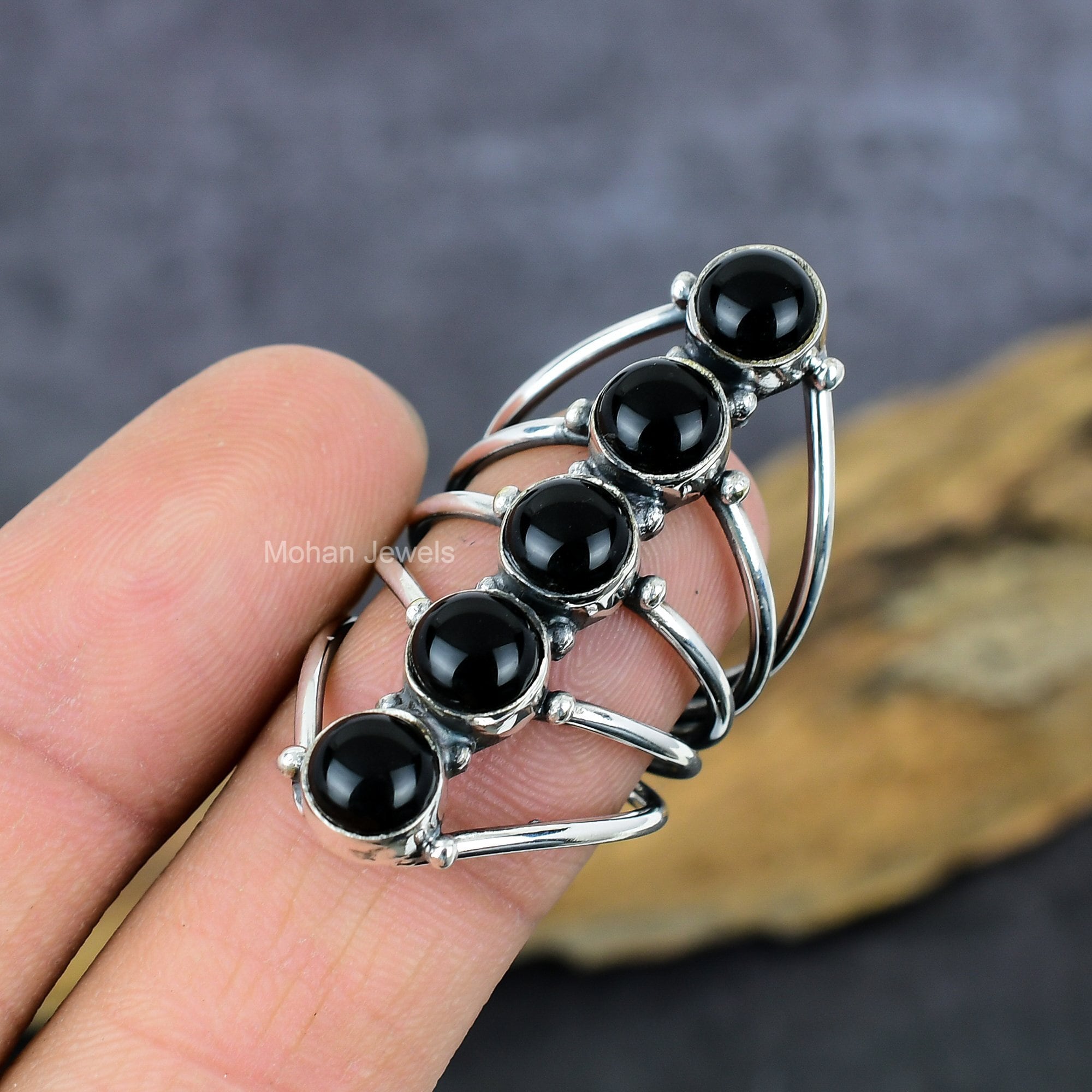 Black Onyx Gemstone Ring, Silver Plated Dainty Ring, Handmade Full Finger Ring, Onyx Boho Ring, Wedding Gift Jewelry