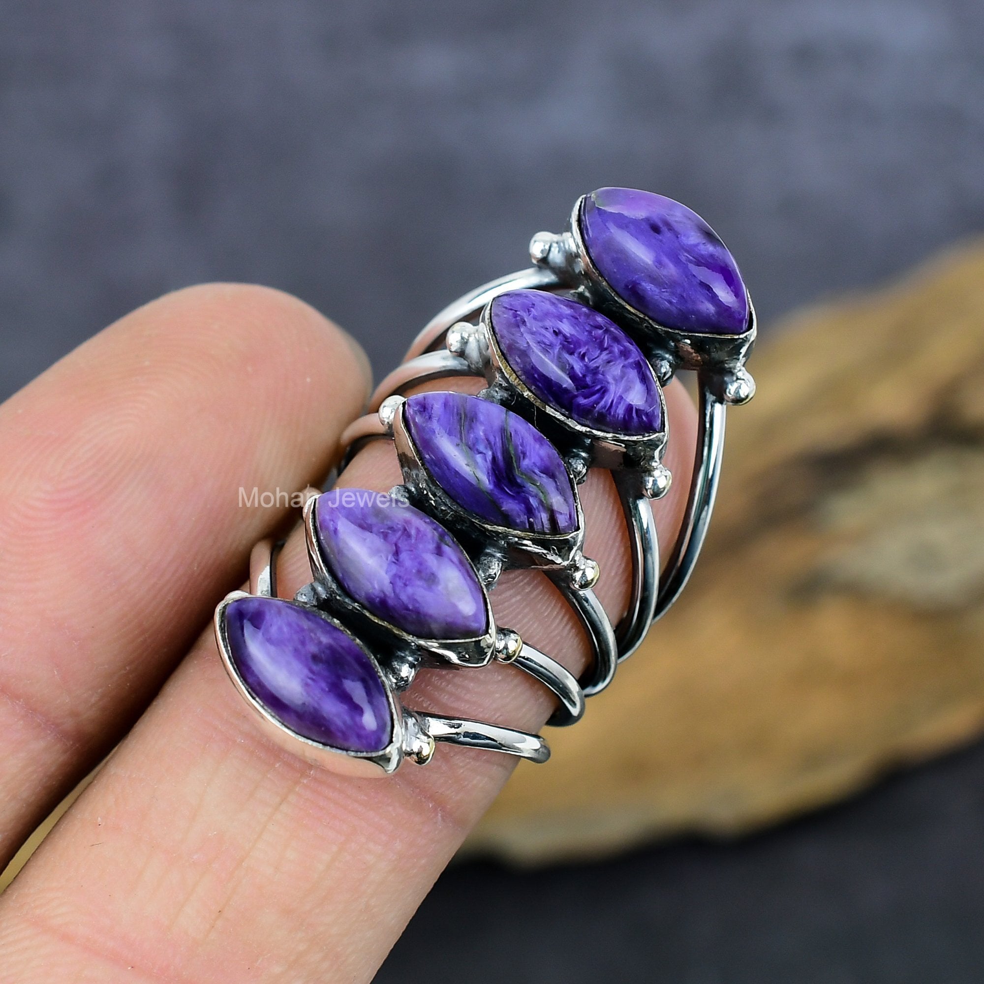 Purple Charoite Gemstone Ring, Silver Plated Antique Ring, Handmade Full Finger Ring, Marquise Stone Ring, Birthday Gift Jewelry