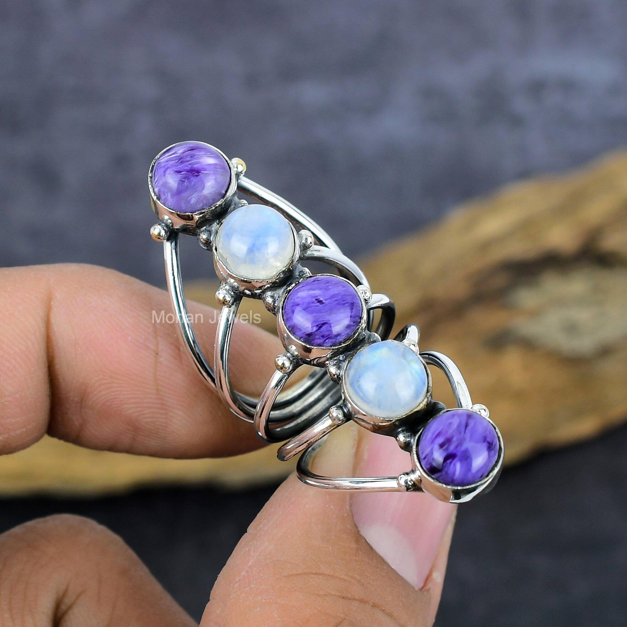 Purple Charoite Gemstone Ring, Silver Plated Moonstone Ring, Handmade Full Finger Ring, Round Stone Ring, Anniversary Gift Jewelry