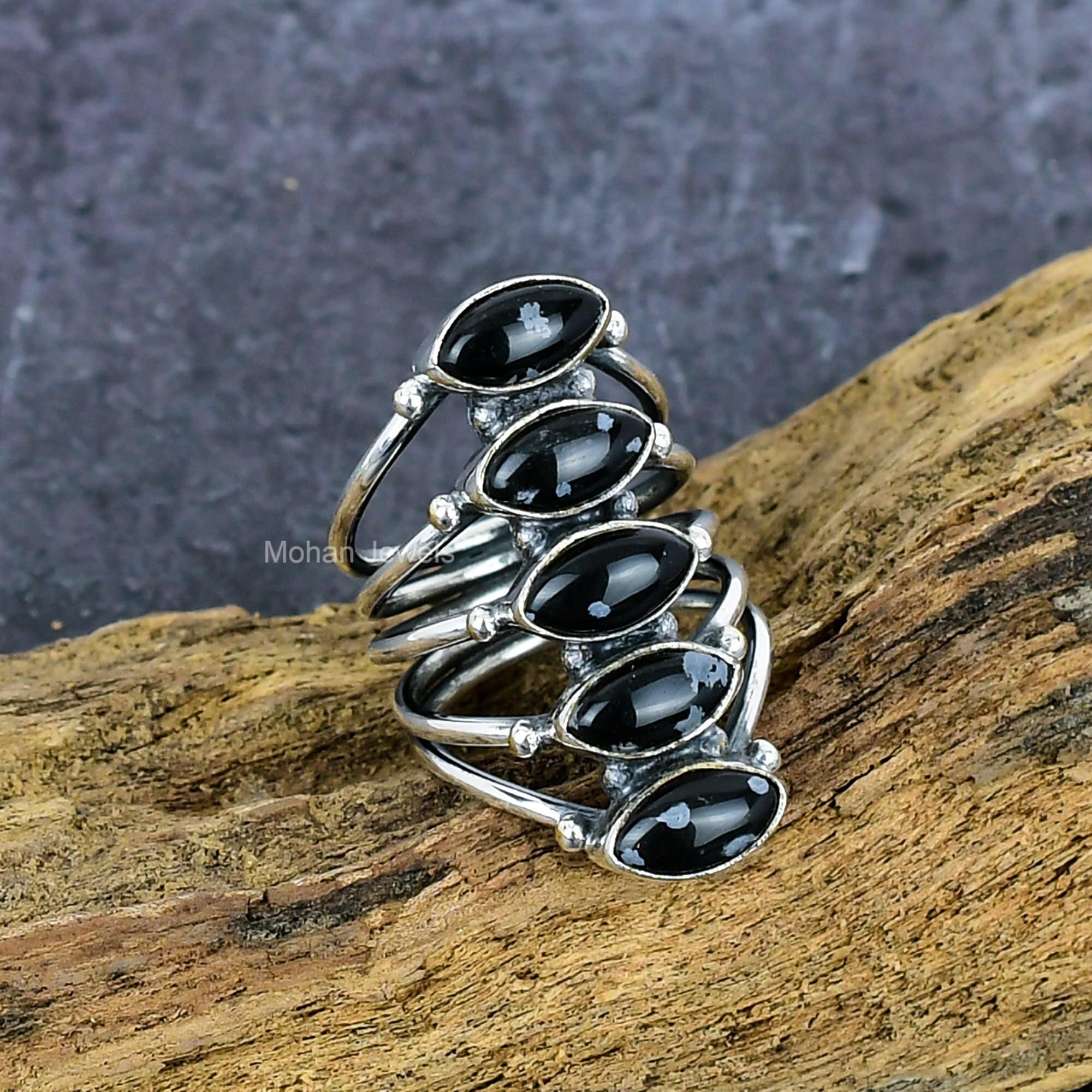 Obsidian Gemstone Ring, Silver Plated Snowflake Ring, Handmade Full Finger Ring, Marquise Stone Ring, Healing Crystal Jewelry