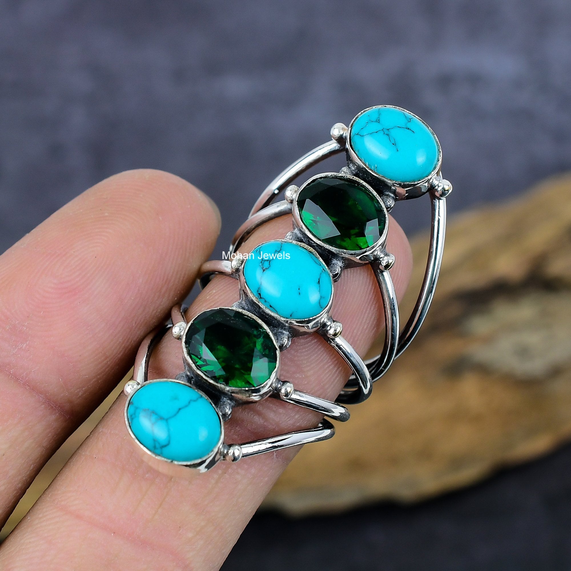 Turquoise Gemstone Ring, Chrome Diopside Silver Plated Ring, Tibetan Turquoise Jewelry, Multi Stone Ring, Wedding Gift for her