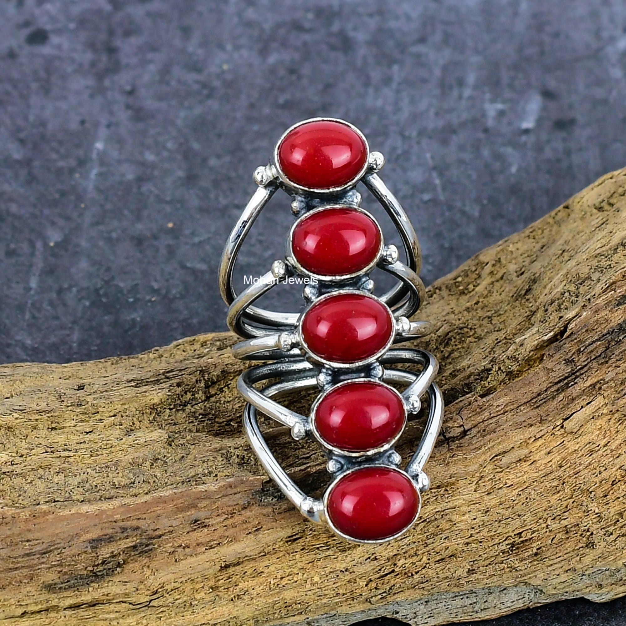 Coral Gemstone Ring, Blood Red Coral Ring, Handmade Silver Plated Ring, Oval Stone Ring, Healing Crystal Birthstone Jewelry