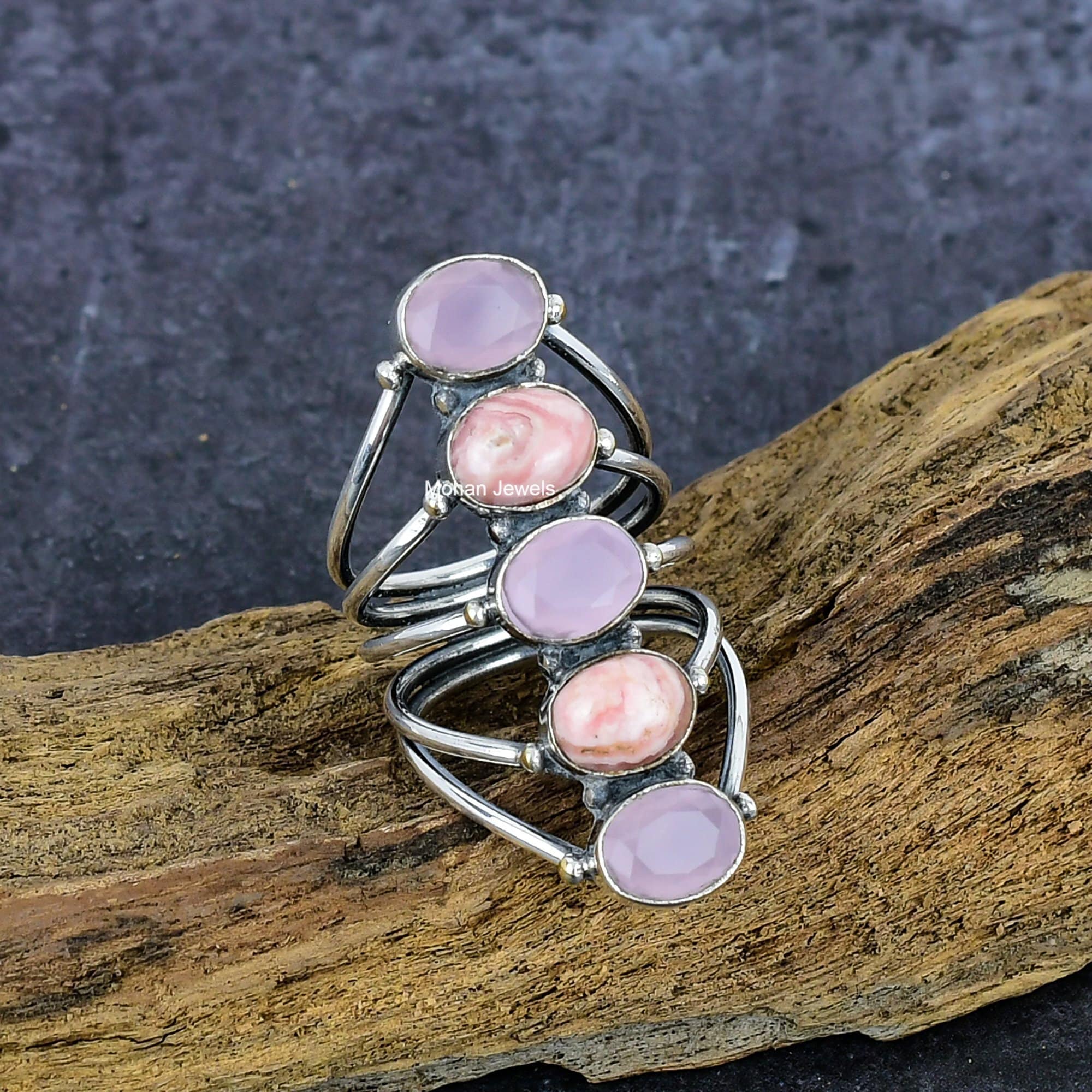 Rhodochrosite Gemstone Ring, Rose Quartz Ring, Handmade Silver Plated Ring, Oval Stone Ring, Healing Crystal Wedding Jewelry Gift