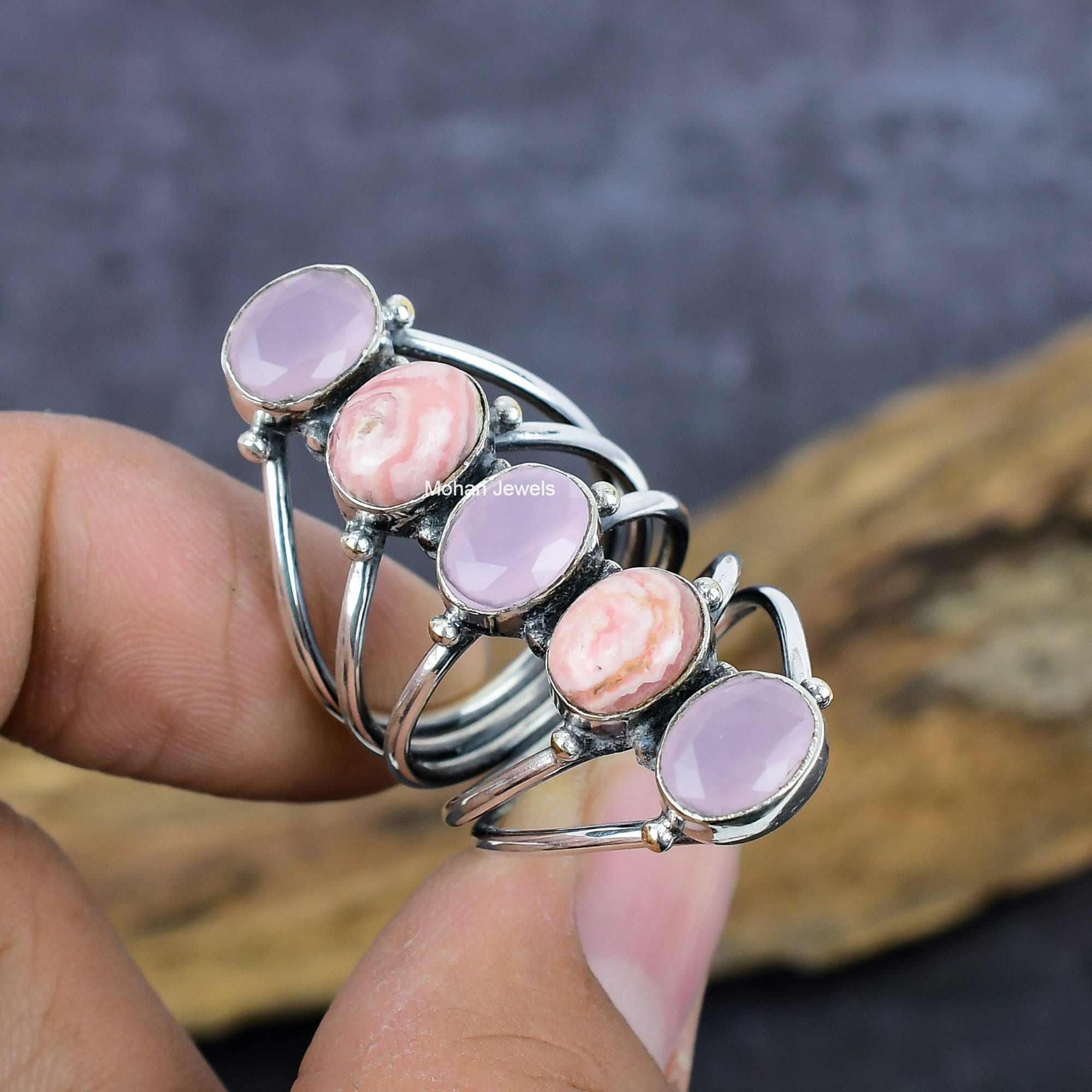 Rhodochrosite Gemstone Ring, Rose Quartz Ring, Handmade Silver Plated Ring, Oval Stone Ring, Healing Crystal Wedding Jewelry Gift