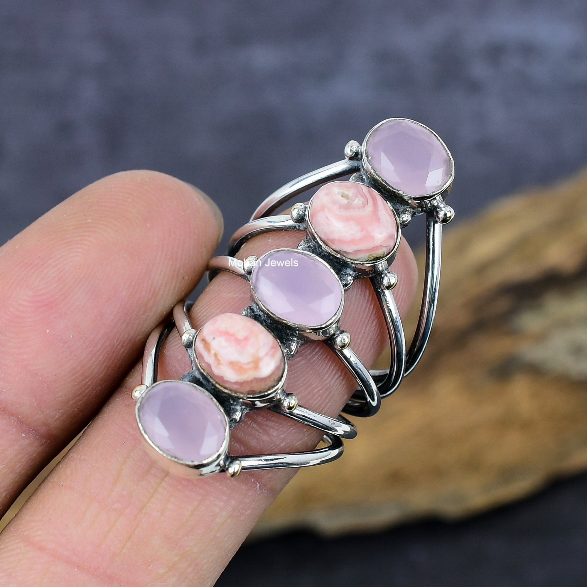 Rhodochrosite Gemstone Ring, Rose Quartz Ring, Handmade Silver Plated Ring, Oval Stone Ring, Healing Crystal Wedding Jewelry Gift