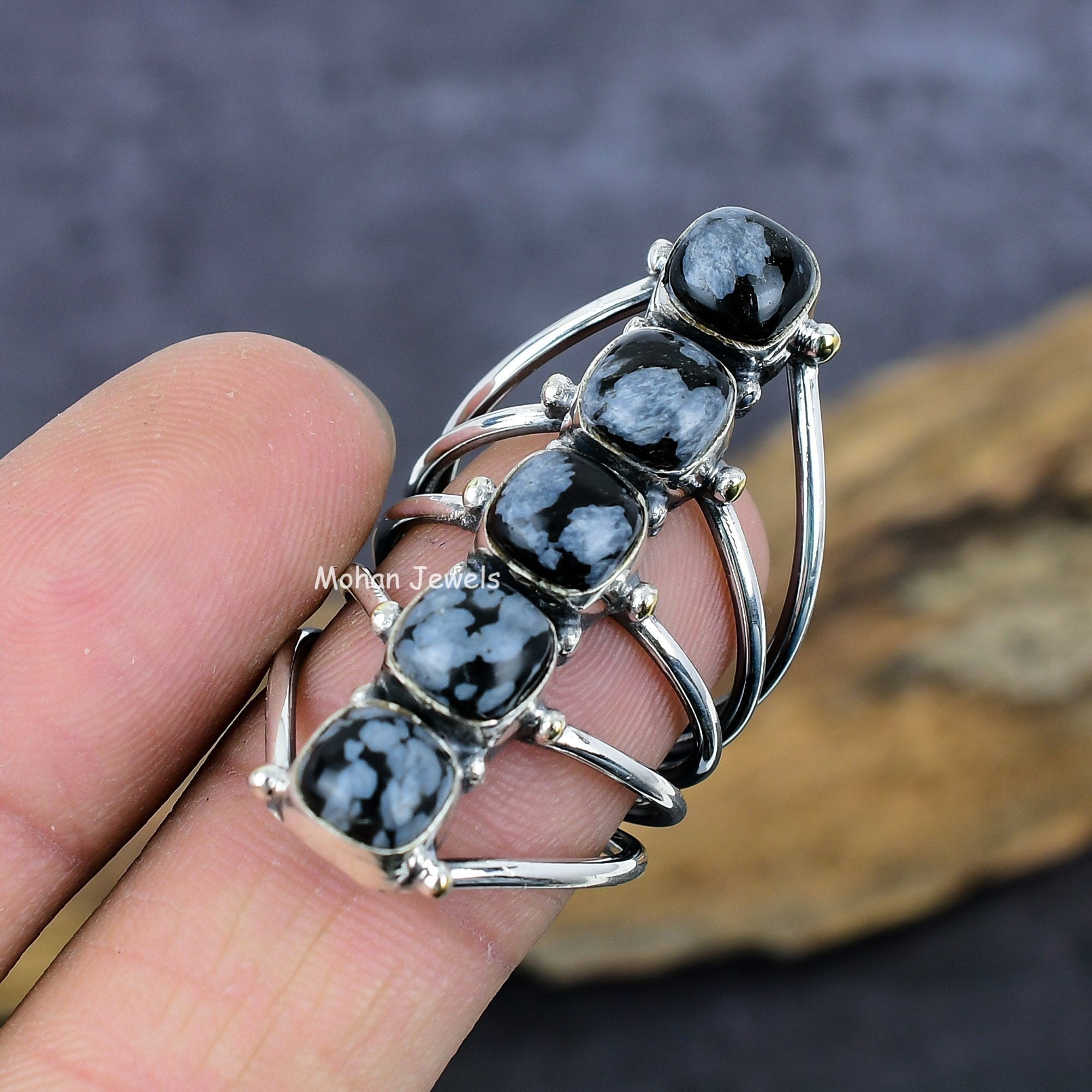 Obsidian Gemstone Ring, Handmade Silver Plated Boho Ring, Snowflake Ring, Snowflake Obsidian Ring, Cushion Stone Ring