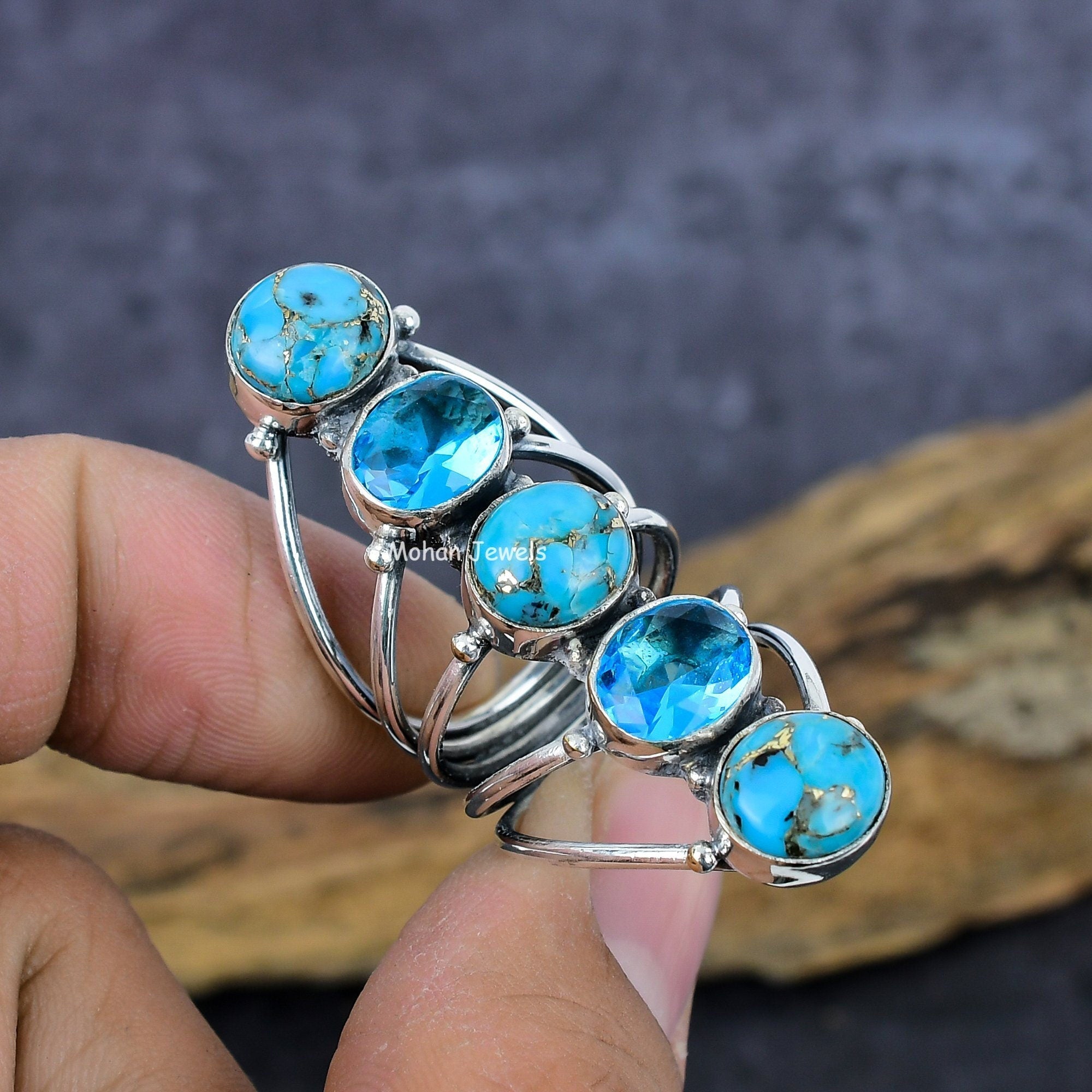 Copper Blue Turquoise  Ring, Blue Topaz Ring, Silver Plated Gemstone Ring, Turquoise Silver Ring, vintage ring, Anniversary Gift