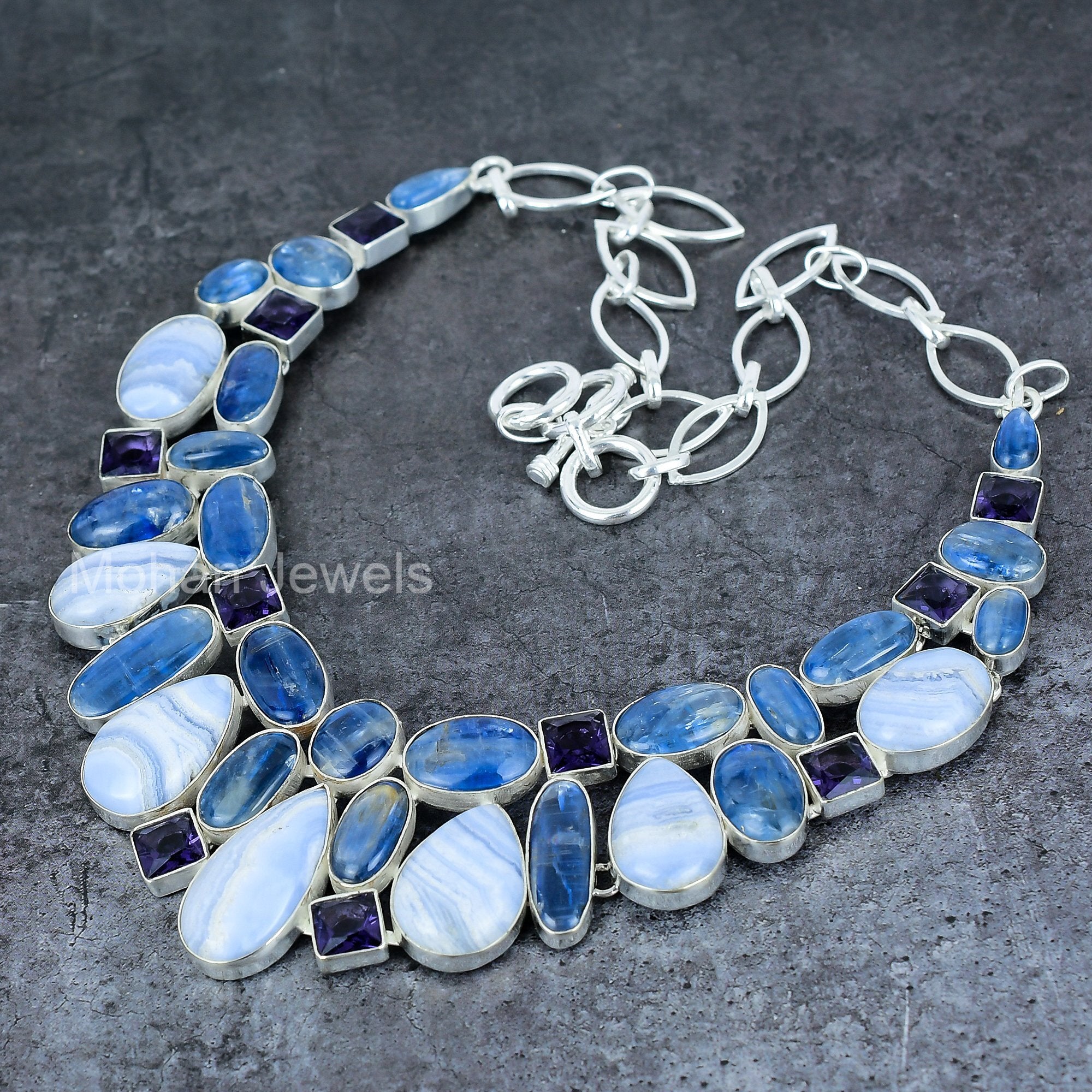 Blue Lace Agate Necklace, Kyanite Necklace, Healing Crystal Jewelry, Handmade Silver Plated Statement Jewelry, Amethyst Necklace