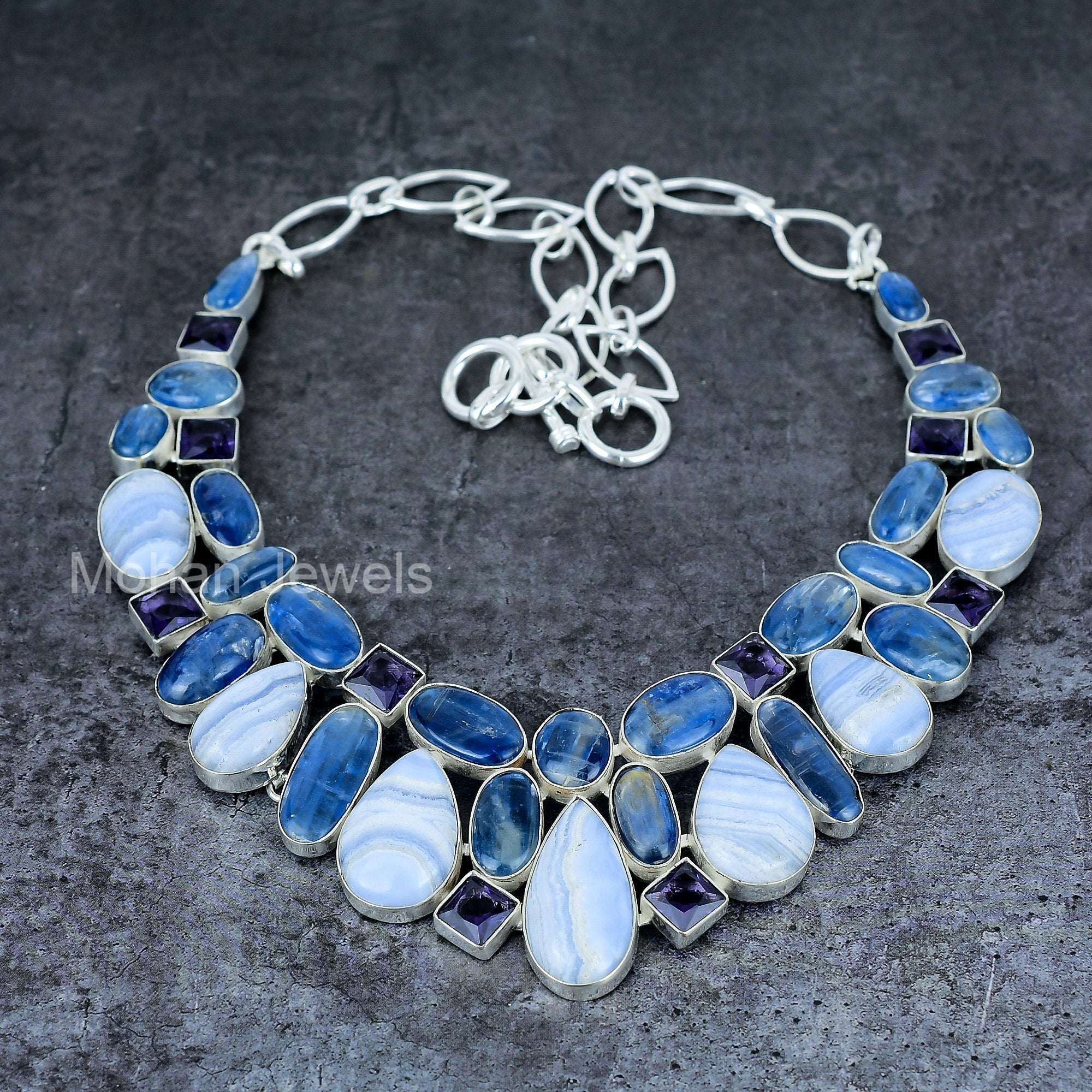 Blue Lace Agate Necklace, Kyanite Necklace, Healing Crystal Jewelry, Handmade Silver Plated Statement Jewelry, Amethyst Necklace