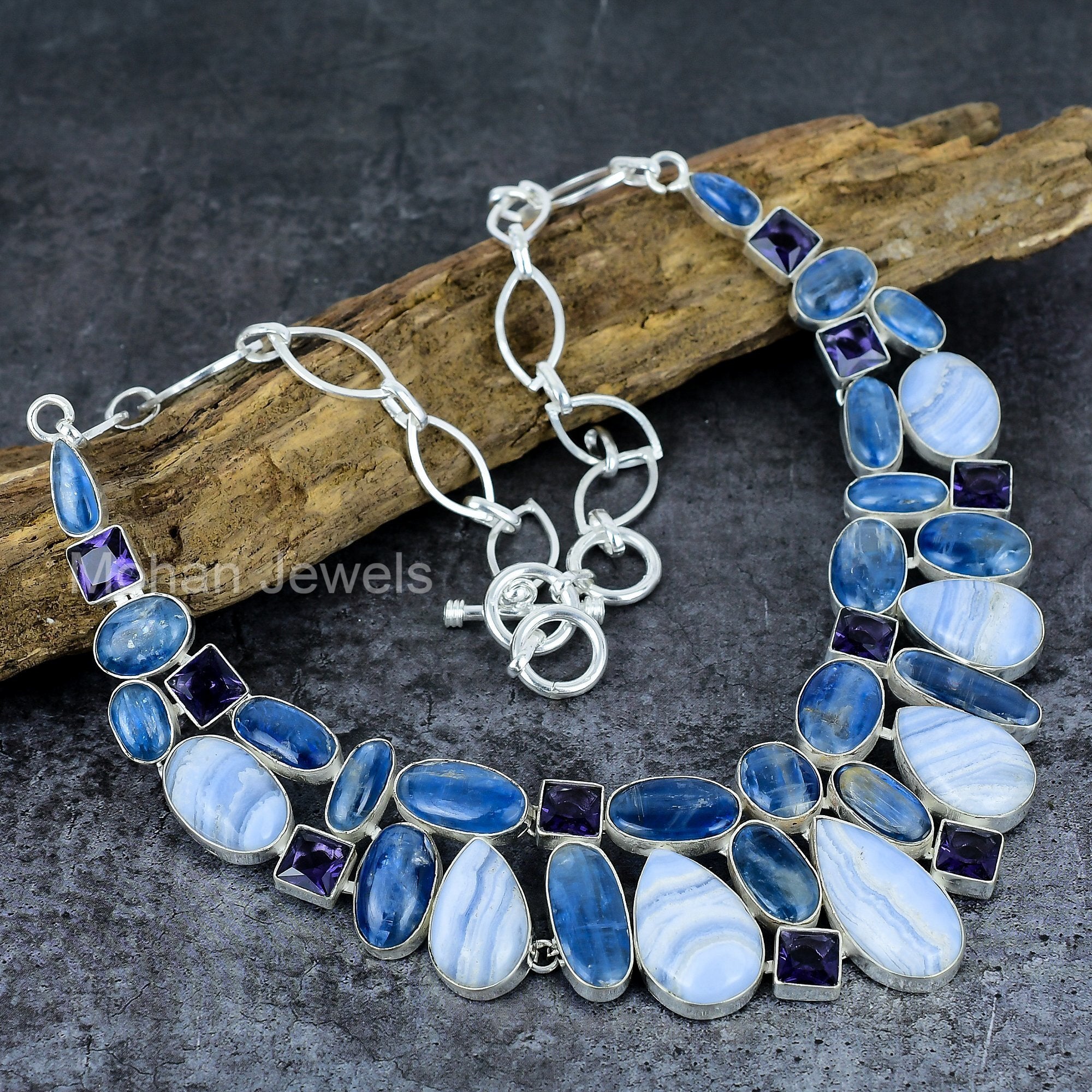 Blue Lace Agate Necklace, Kyanite Necklace, Healing Crystal Jewelry, Handmade Silver Plated Statement Jewelry, Amethyst Necklace