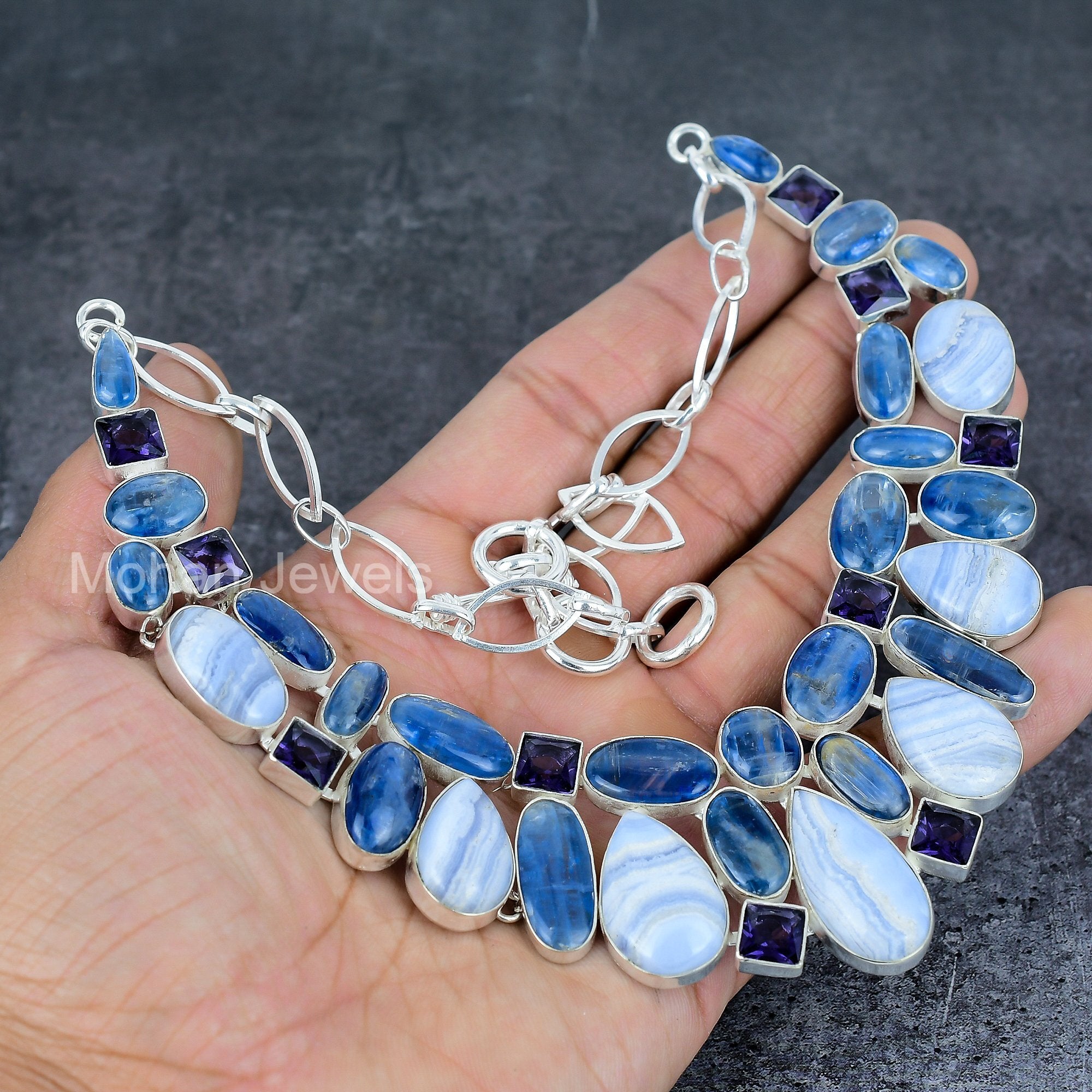 Blue Lace Agate Necklace, Kyanite Necklace, Healing Crystal Jewelry, Handmade Silver Plated Statement Jewelry, Amethyst Necklace