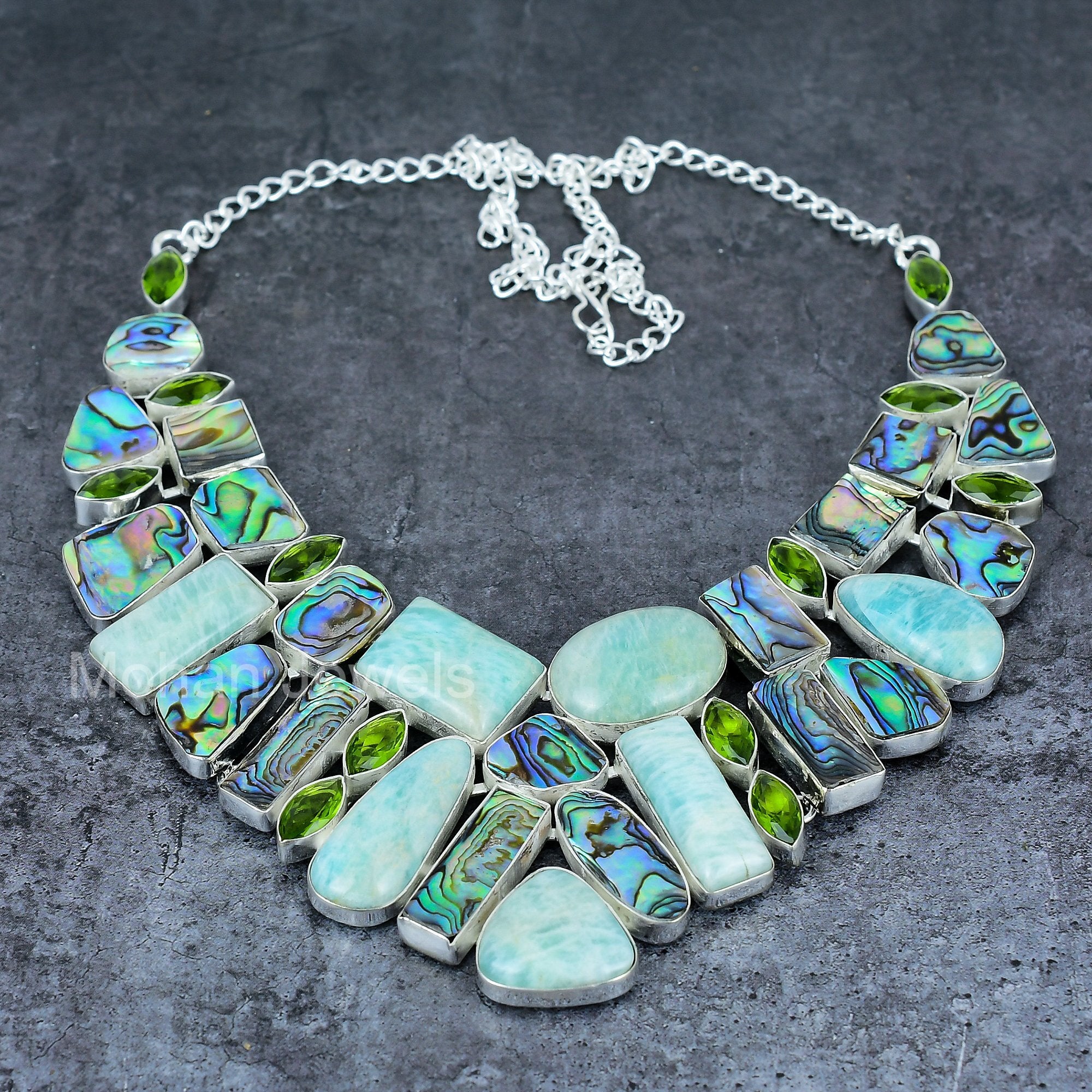 Blue Amazonite Abalone Shell & Peridot Gemstone Silver Necklace, Handmade Silver Vintage Necklace, Healing Crystal Boho Jewelry for Women