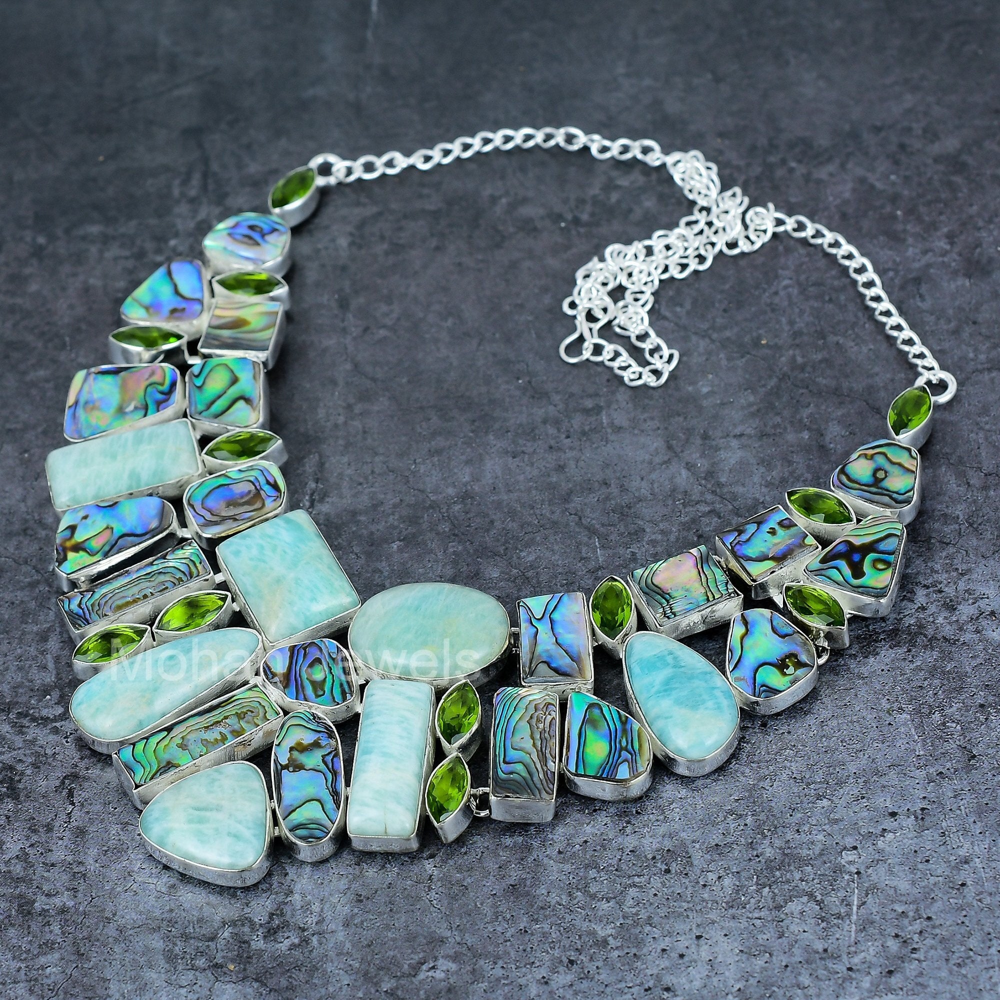 Blue Amazonite Abalone Shell & Peridot Gemstone Silver Necklace, Handmade Silver Vintage Necklace, Healing Crystal Boho Jewelry for Women