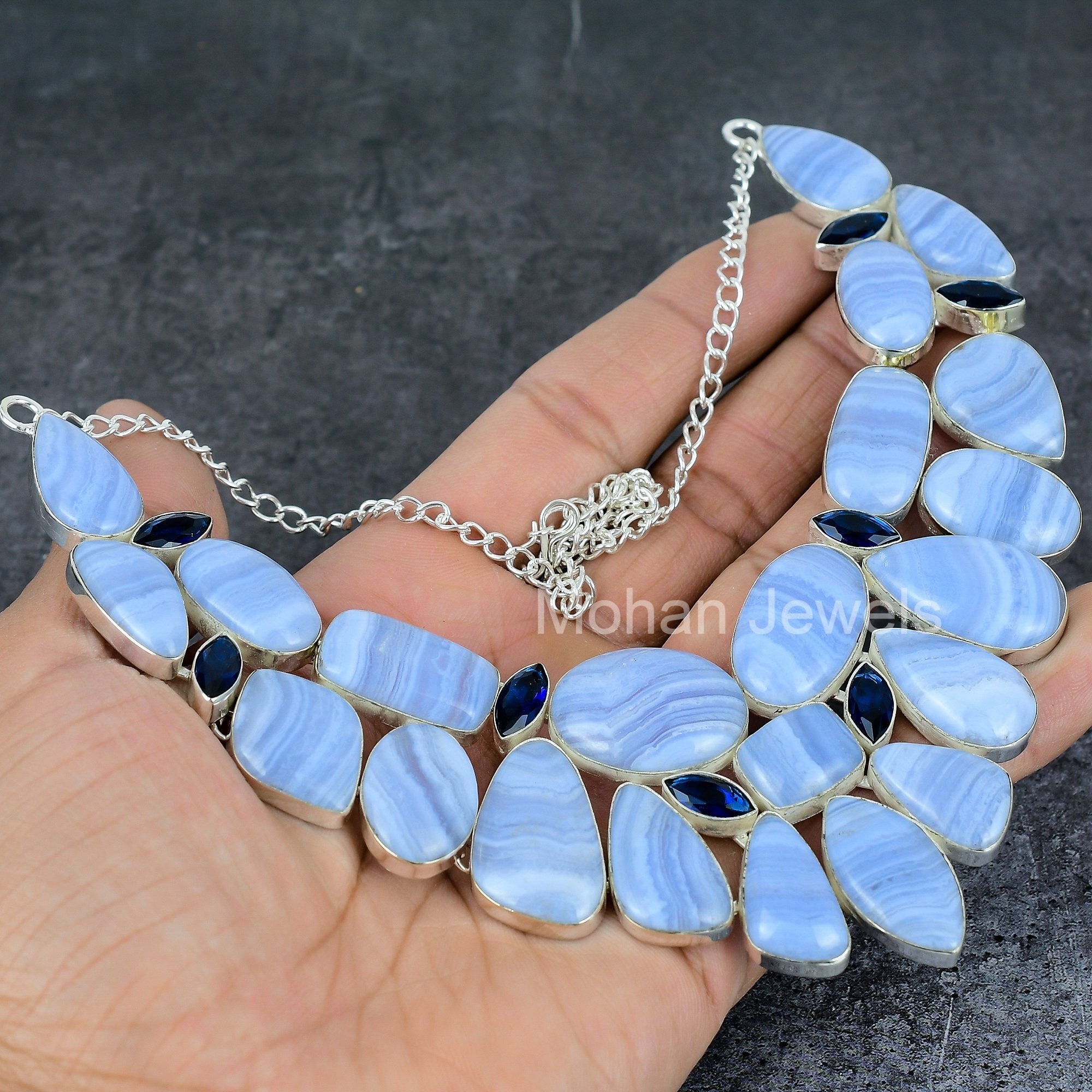 Agate Necklace, Handmade Silver Blue Lace Agate Cabochon Jewelry, Gemstone Silver Necklace, Mother day Gift, Spiritual Jewelry,