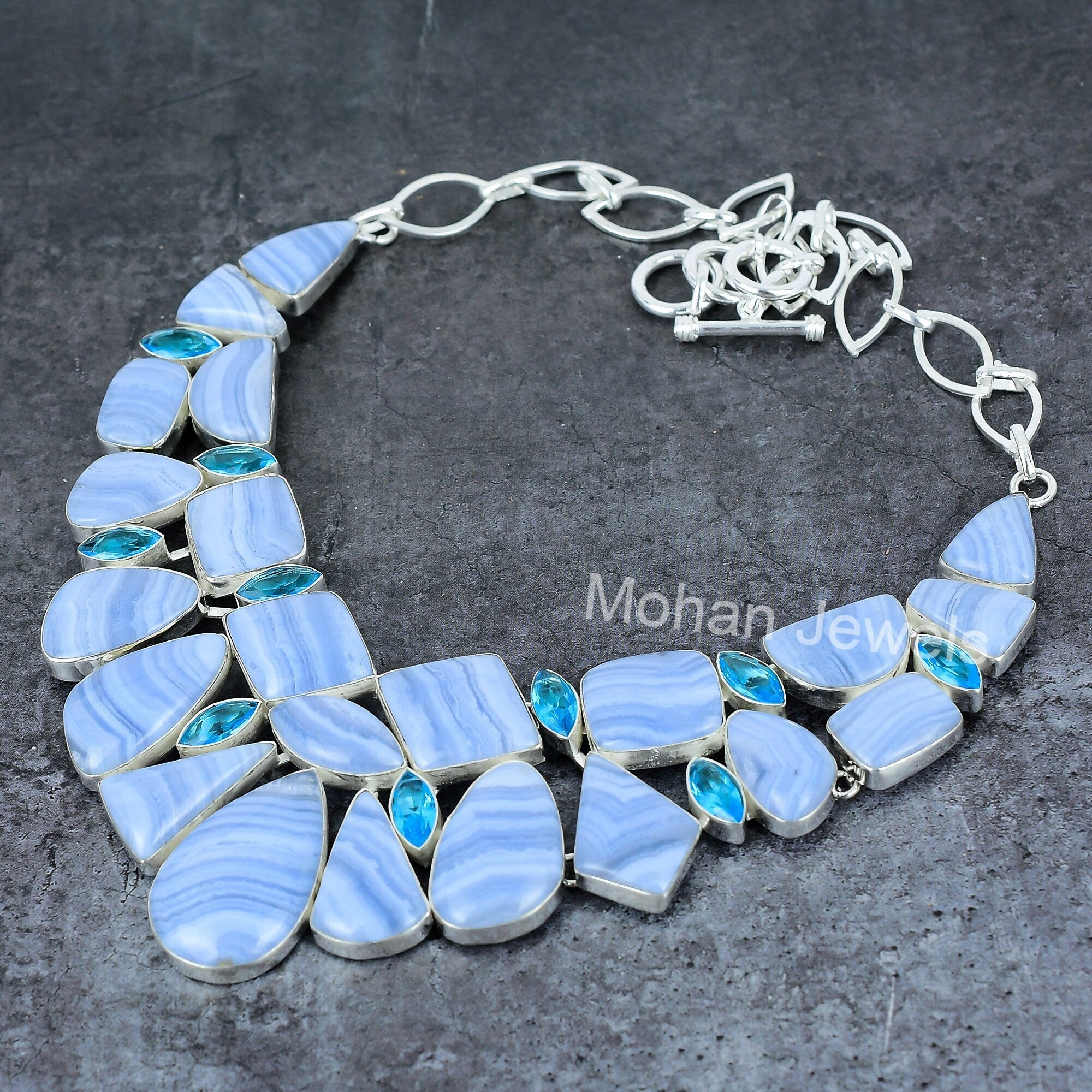 Blue Lace Agate Gemstone Silver Necklace, Agate Cabochon Antique Jewelry, Blue Topaz Necklace for Women, Mother day gift