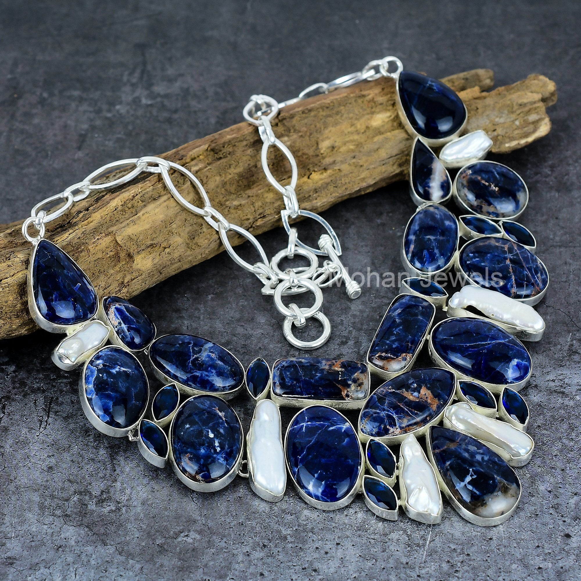 Blue Sodalite Gemstone Silver Necklace, Handmade Biwa Pearl & Blue Sapphire Antique Jewelry, Multi Stone Jewelry for Women