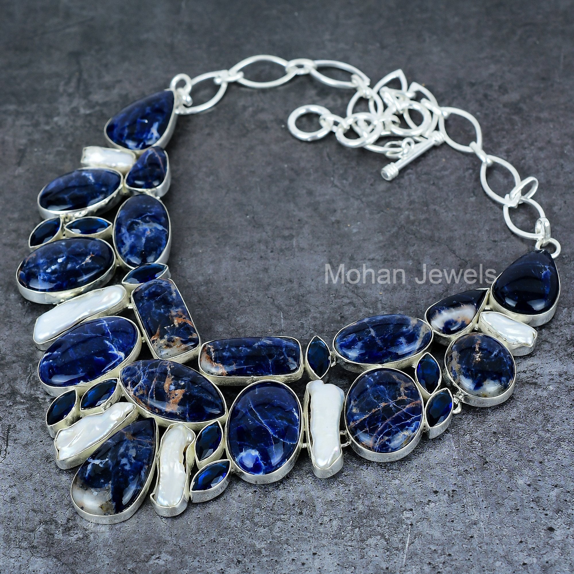 Blue Sodalite Gemstone Silver Necklace, Handmade Biwa Pearl & Blue Sapphire Antique Jewelry, Multi Stone Jewelry for Women