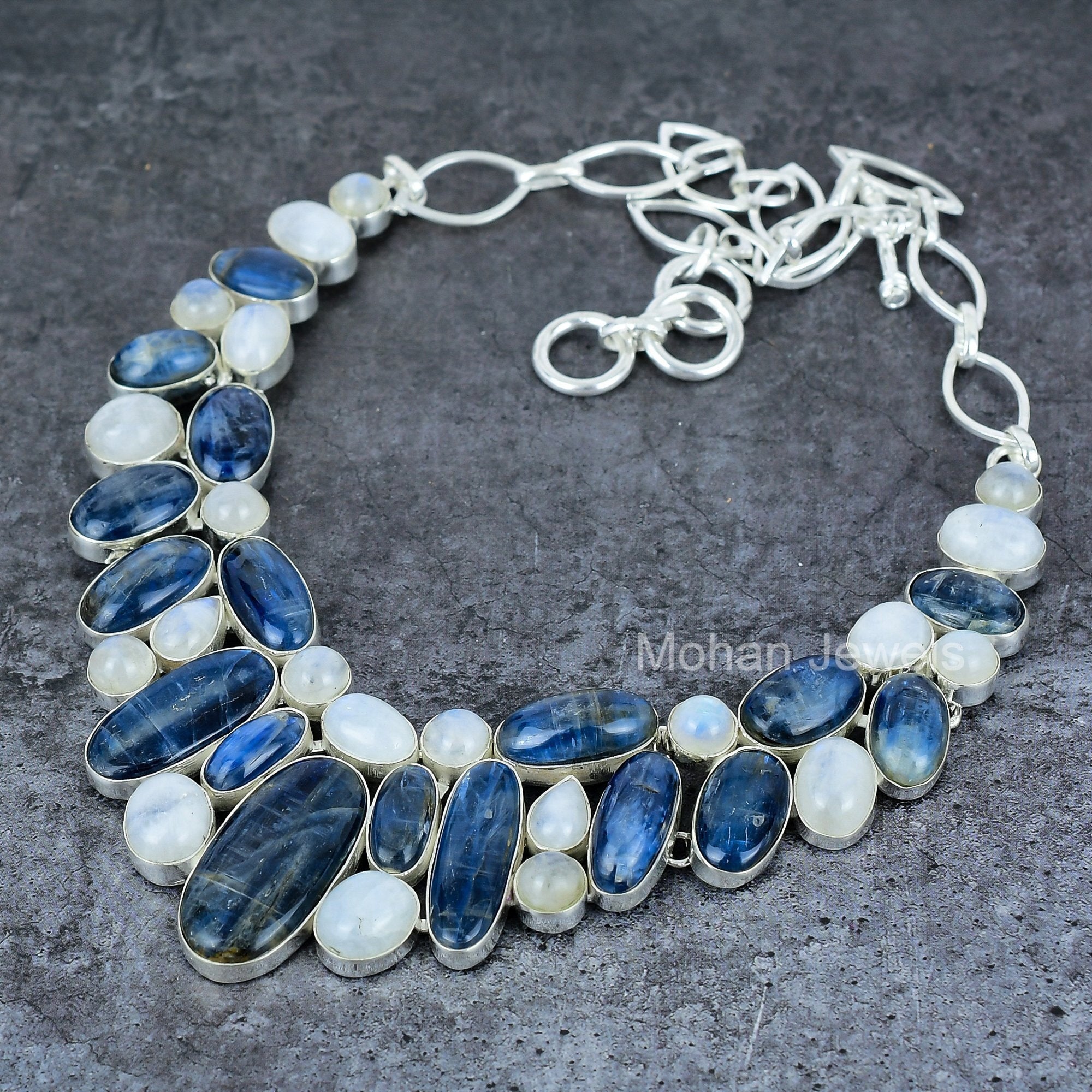 Blue Kyanite and Rainbow Moonstone Gemstone Necklace, Kyanite Bib Necklace, Silver Plated Jewelry, Healing Crystal Jewelry, Anniversary Gift